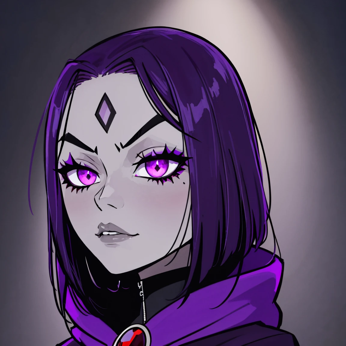 Raven, titans, hooded, goth girl, autumn forest background, detailed, detailed, detailed, beautiful, detail, goth girl, masterpiece, purple clothes, red jewel centre head, dark night background, gothic, goth, goth, detailed, goth girl, piercings, detailed face, looking viewer, raven, (Dark eye shadow) dark eye shadow, black eye shadow,