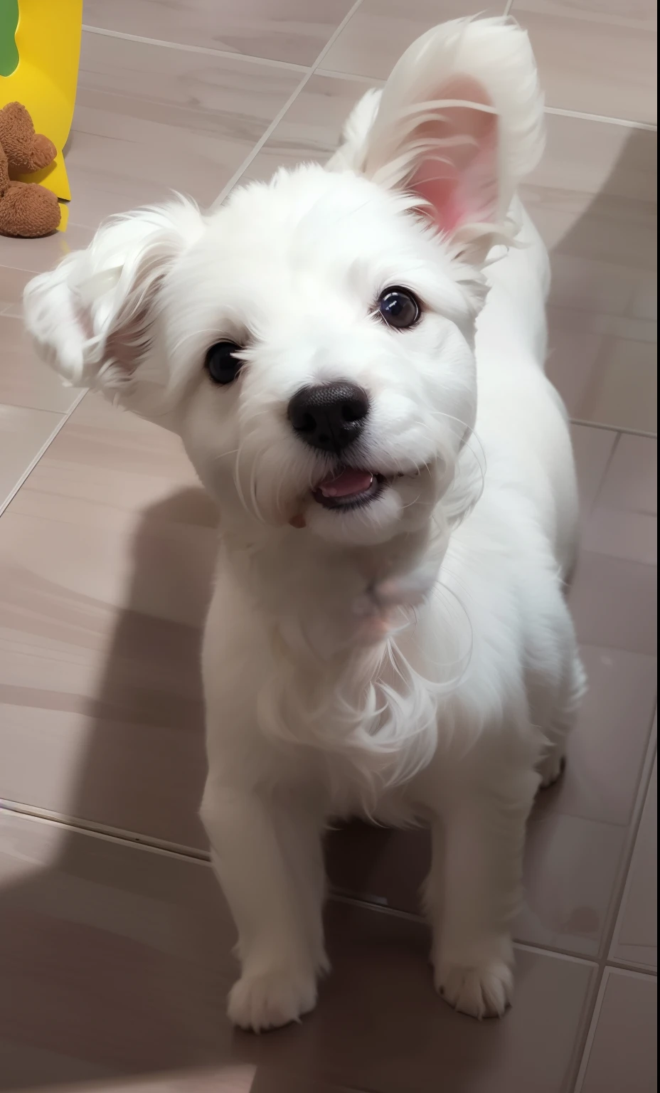 There is a small white dog standing on a tiled floor, small white dog at her side, peludo bonito precisa de sua ajuda, cabelos brancos, com nariz pequeno, homem branco, Tomado com Sony Alpha 9, small dog, bonito, cabelos brancos, com focinho branco, Dog cute, pimenta, super cute and friendly, com olhos bonitos, aw