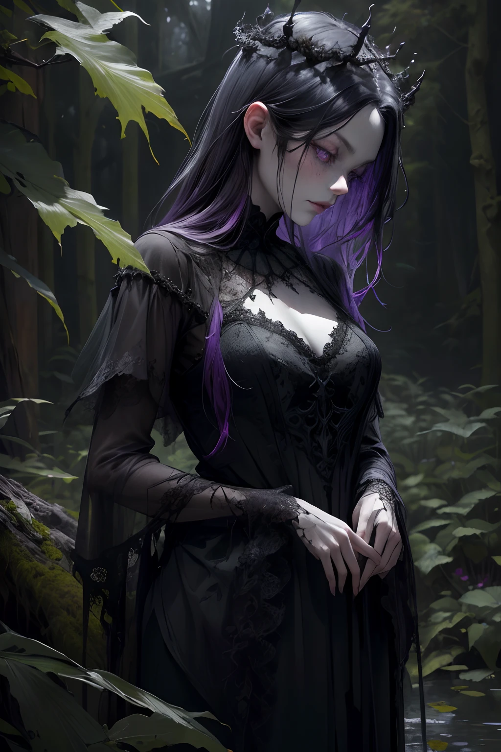 (best quality,4k,8k,highres,masterpiece:1.2),ultra-detailed,(realistic,photorealistic,photo-realistic:1.37),a beautiful zombie queen,misty garden,hauntingly captivating,lush greenery,dark crimson roses,vibrant purple irises,whispering willows,ethereal beauty,majestic presence,glowing blue eyes,subtle decay,graceful movement,dramatic shadows,sinister elegance,pale complexion,messy raven hair,tattered black lace dress,enchanted crown,delicate skeletal features,graceful decay,deathly gaze,enchanted atmosphere,spooky ambiance,fading moonlight,hauntingly beautiful,ominous silence