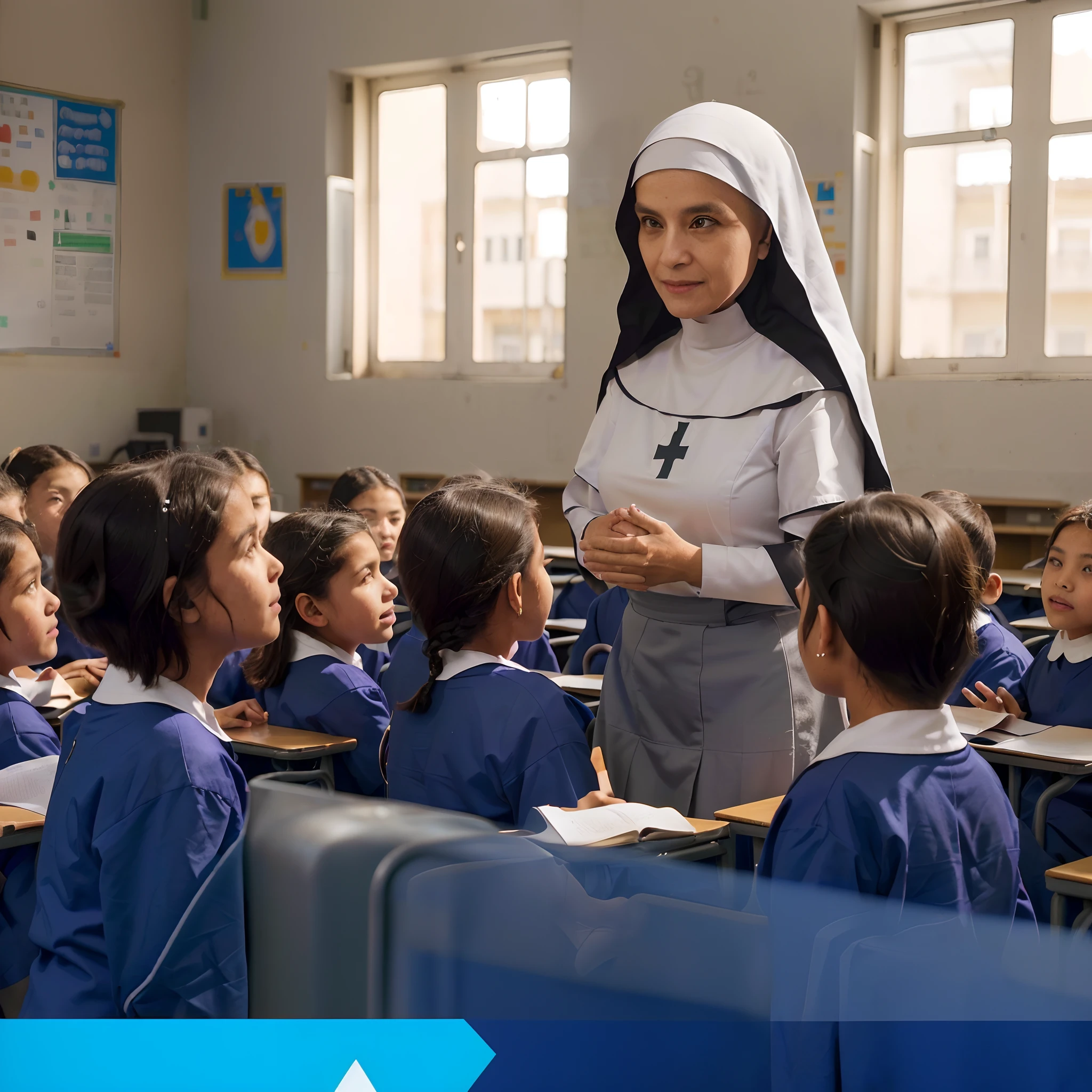 Image of a nun in a classroom with a group of children, realista,premiada,(insanamente detalhado:1.5) 20megapixels canon eos r,pele detalhada.