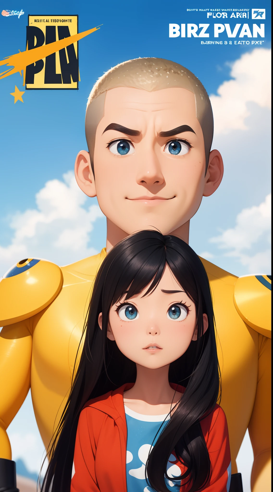 Disney Pixar movie poster cartoon with white guy with a dirty blonde buzzcut and an Asian women with long black hair