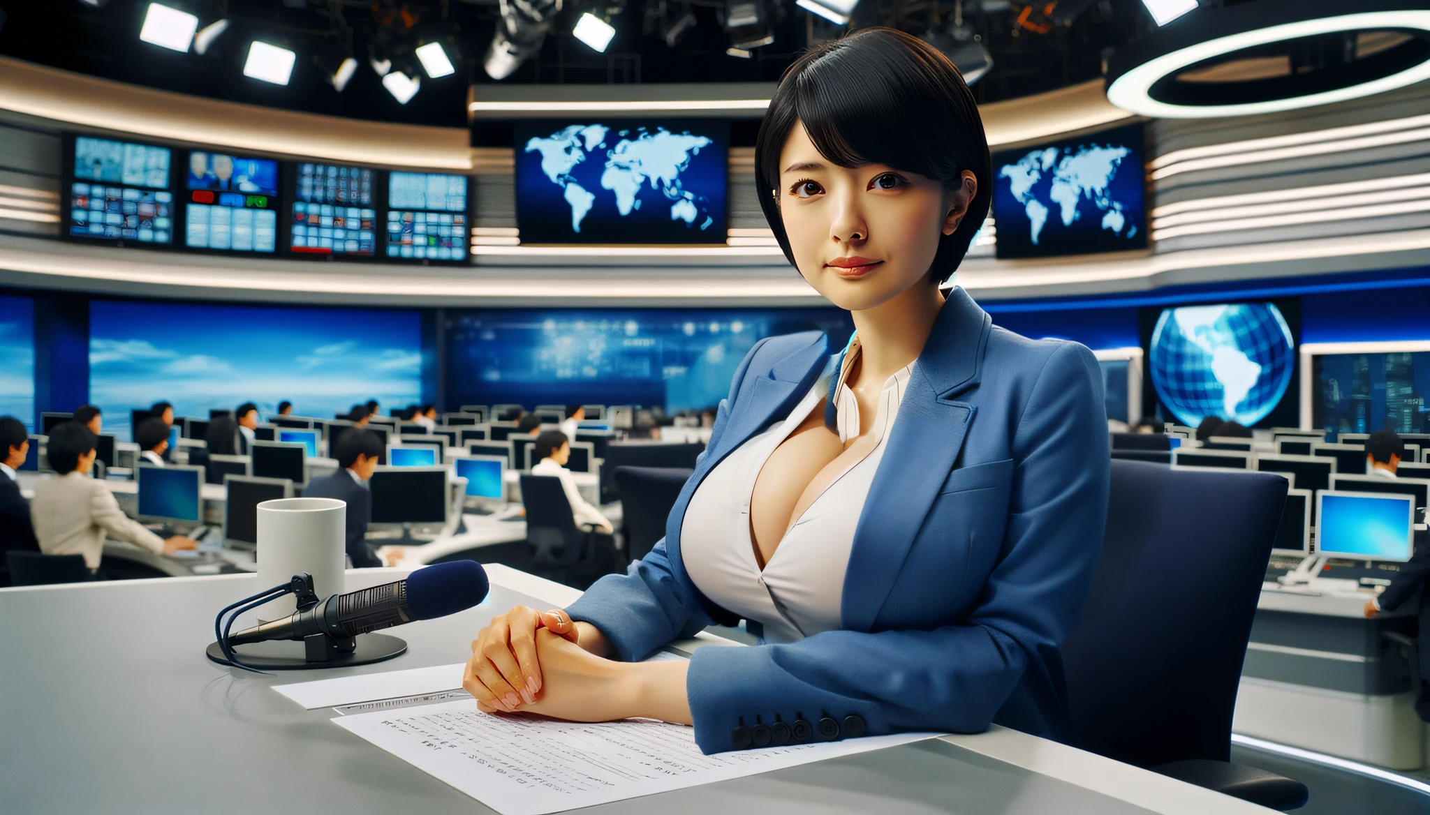 (best quality, masterpiece:1.2), white blouse, light blue formal blazer, gigantic breasts,