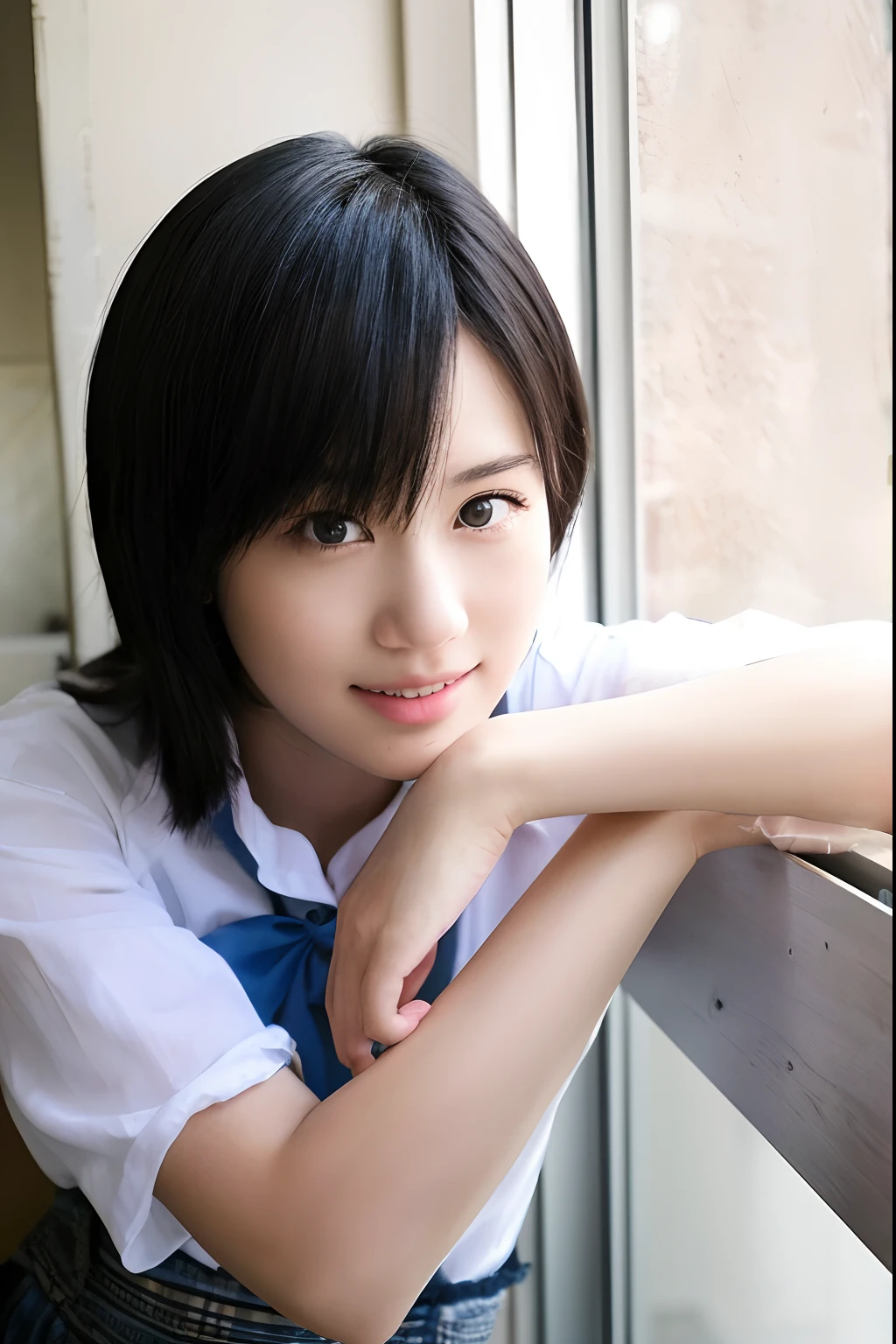 One girl,summer,Inside the room,Bed,Sit down,Black Hair,,Very Short Hair,Navy Blue,Open collar,No sleeve,Unbutton it,A big smile,6th grade elementary school,Japanese,single eyelid,Neat face,Small swelling in the chest,Honey,front,Look here,transparent,  Soft Light,(masterpiece, Highest quality), Structure of the film, Like a movie