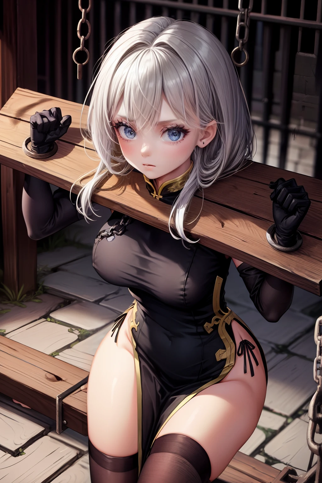 Girl with a wooden plank on her shoulder(The girl's neck and both wrists pierce the planks)、qipao dress(Black、high socks、Long gloves)、prison(stone pavement、chains)