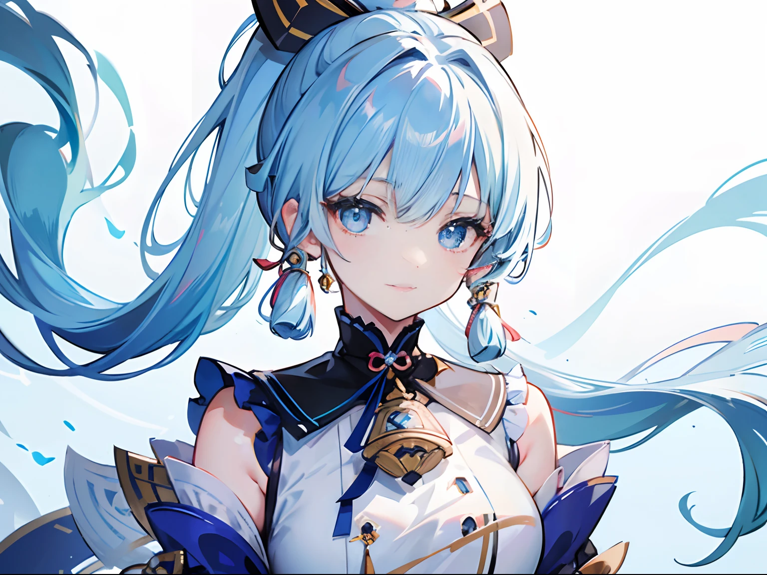 (masterpiece), (best quality), (ultra detailed),(disheveled hair),(illustration), (1girl), standing, smiling, beautiful detailed eyes, light blue eyes, detailed beautiful face, (kamisato ayaka: 1.2), focus on face,  ponytail, kamisato ayaka(genshin impact), light blue hair, detailed hair, bangs, best lighting, best shadow, highly detailed, vibrant