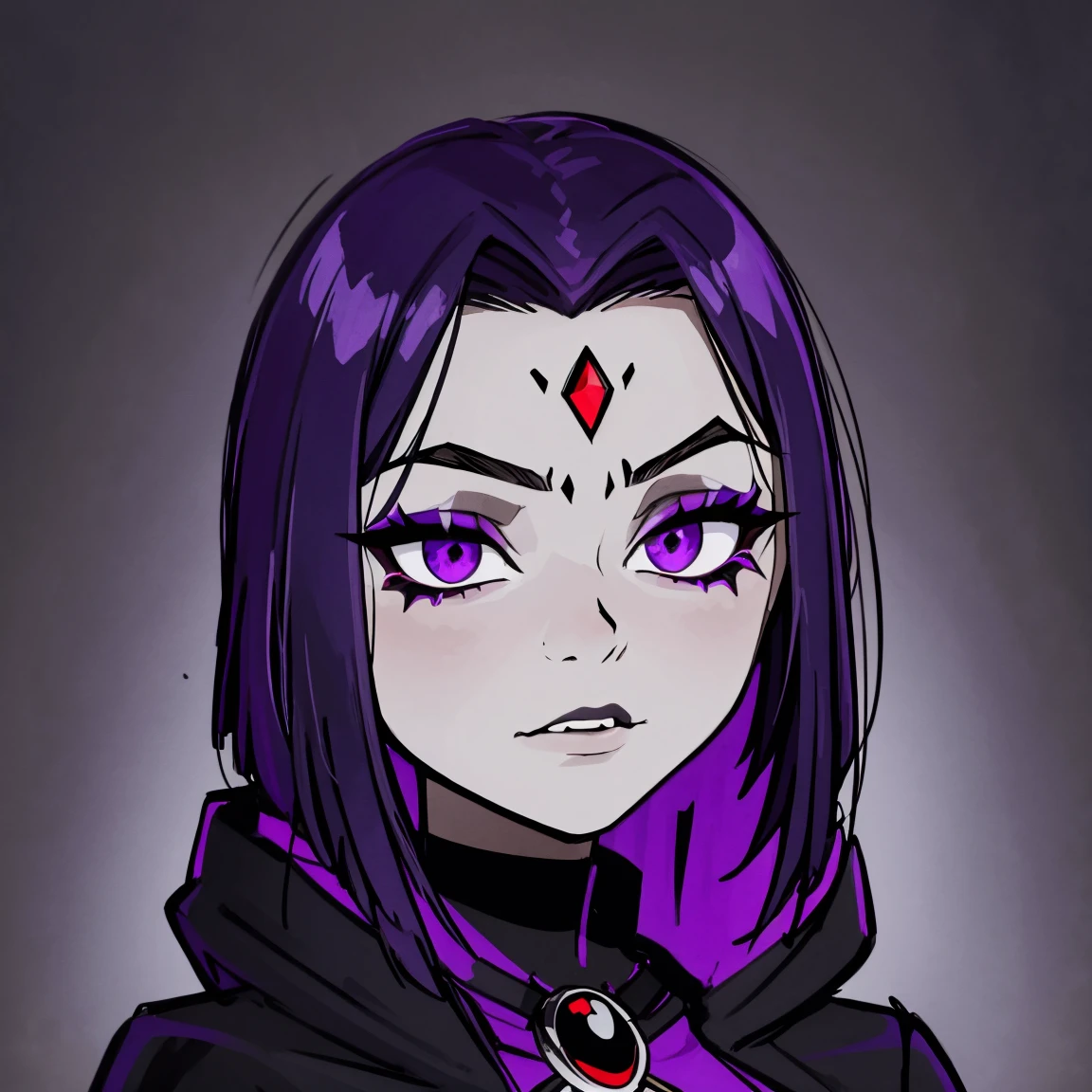 Raven, titans, hooded, goth girl, autumn forest background, detailed, detailed, detailed, beautiful, detail, goth girl, masterpiece, purple clothes, red jewel centre head, dark night background, gothic, goth, goth, detailed, goth girl, piercings, detailed face, looking viewer, raven, (Dark eye shadow) dark eye shadow, black eye shadow,