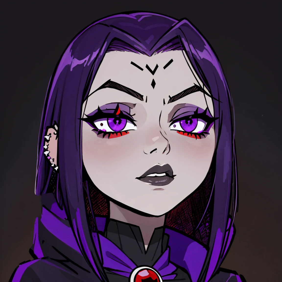 Raven, titans, hooded, goth girl, autumn forest background, detailed, detailed, detailed, beautiful, detail, goth girl, masterpiece, purple clothes, red jewel centre head, dark night background, gothic, goth, goth, detailed, goth girl, piercings, detailed face, looking viewer, raven, (Dark eye shadow) dark eye shadow, black eye shadow,