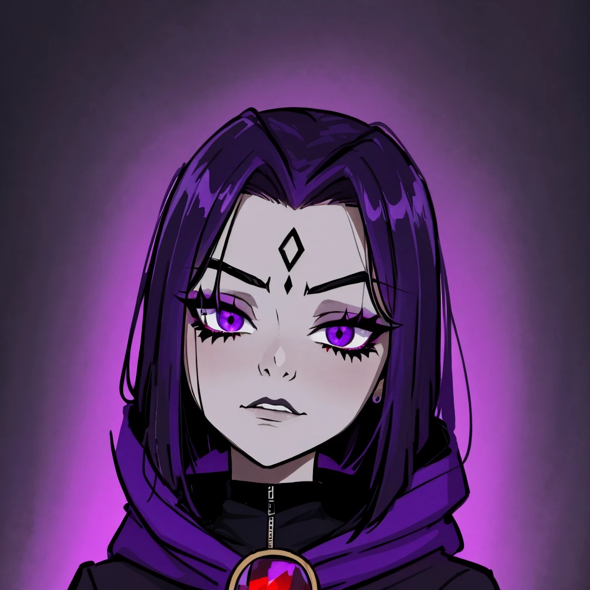 Raven,  titans, hooded, goth girl, autumn forest background, detailed, detailed, detailed, beautiful, detail, goth girl, masterpiece, purple clothes, red jewel centre head, dark night background, gothic, goth, goth, detailed, goth girl, piercings, detailed face, looking viewer, raven, (Dark eye shadow) dark eye shadow, black eye shadow,