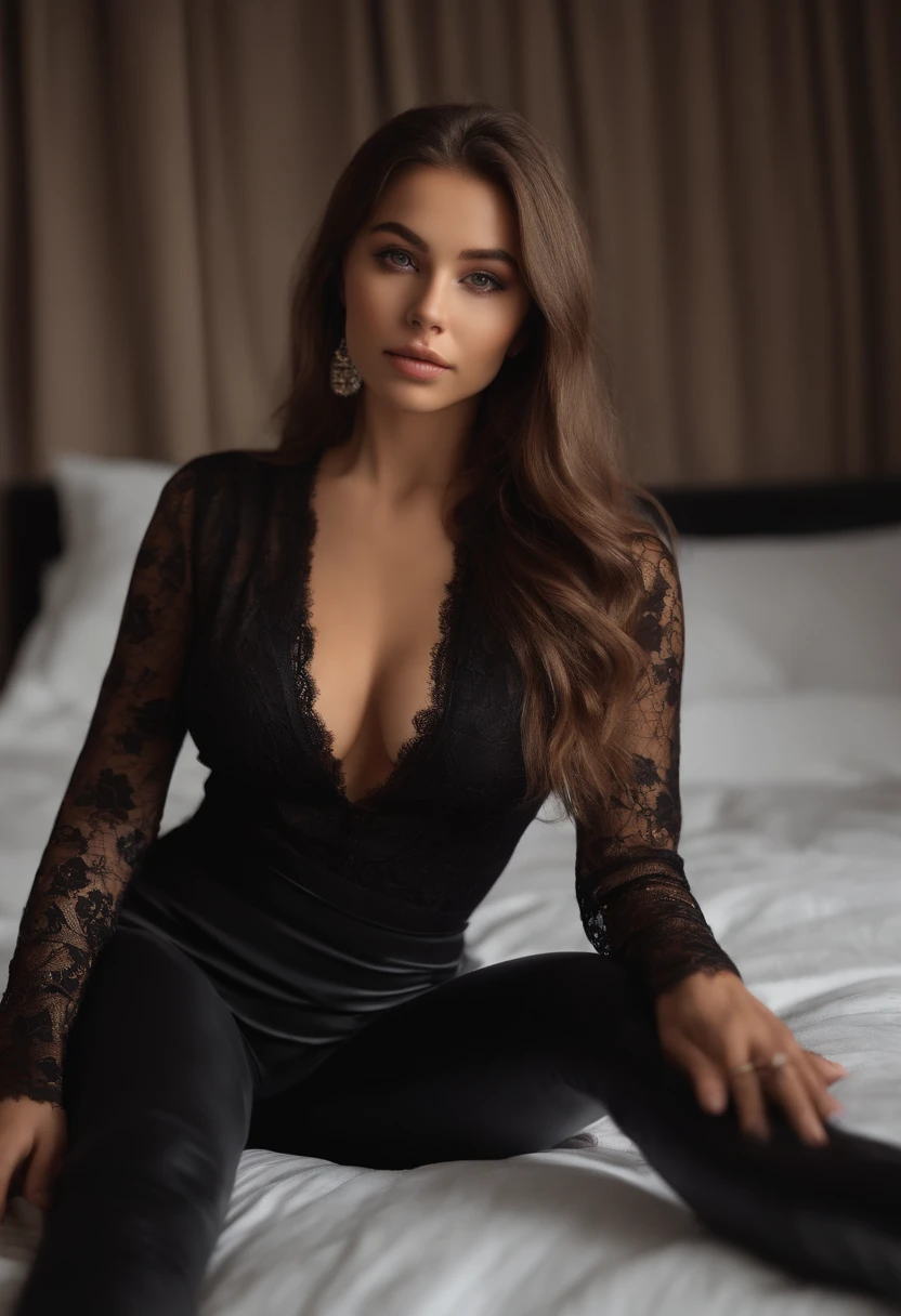 Latino and Swedish Woman, sexy girl with brown eyes, ultra realist, Meticulously detailed, Portrait Sophie Mudd, brown hair and big eyes, selfie of a young woman, Bedroom eyes, Violet Myers, without makeup, natural makeup, looking straight at camera , Face with Artgram, Subtle makeup, Great photo of the whole body kneeling on the bed, in the bedroom, Medium to large bust, in a sexy black skirt, high black heeled boot, a lace bodysuit, an open jacket and stockings resiles