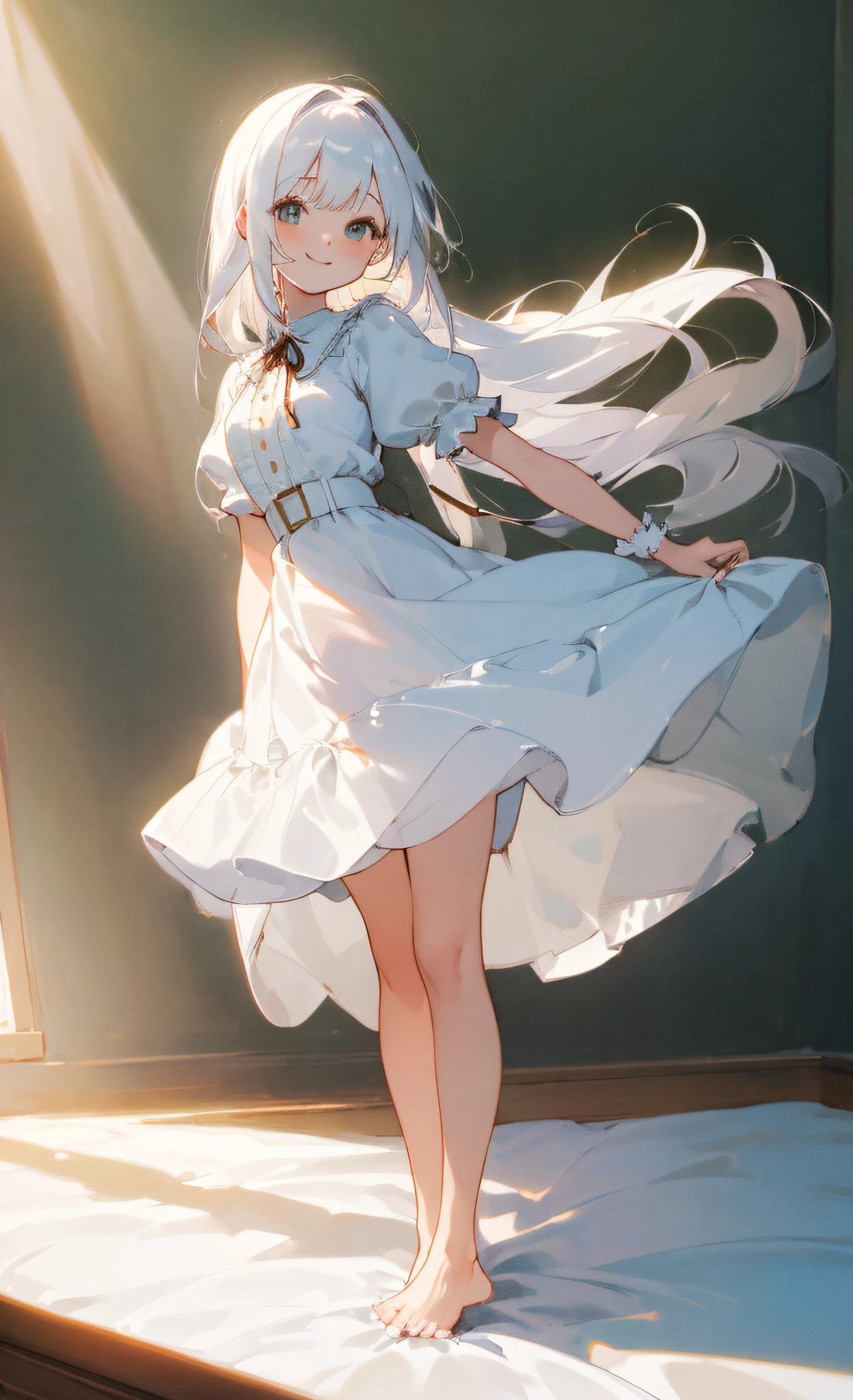((masterpiece,best quality)),1girl, solo, barefoot, knees up, dress, short sleeves, looking at viewer, bedroom,very long hair, smile,standing ,white hair, puffy sleeves, puffy short sleeves, full body, white dress, sunlight, dappled sunlight day, leg belt,narrow waist, slim legs,ribbon