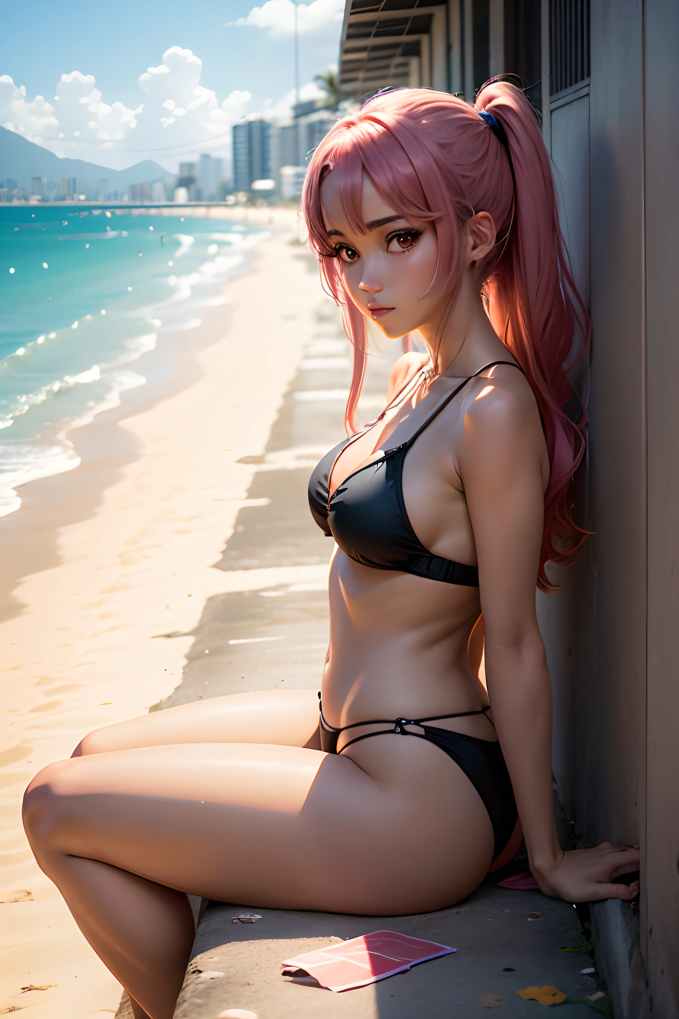 Crie um personagem de anime 2d no rio de janeiro, Have her sittin' on a sidewalk looking at the beach, sexy, luz solar, anime, circunstanciado