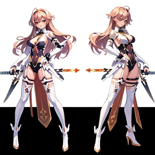 (((Best Quality))) , ((full body)), female, multiple views, white background, variety of hairstyles, variety of design, gauntlets, leotard, body stocking, (cropped shoulders), sword, holding sword, gloves,  orange, green, violet, white, pink,