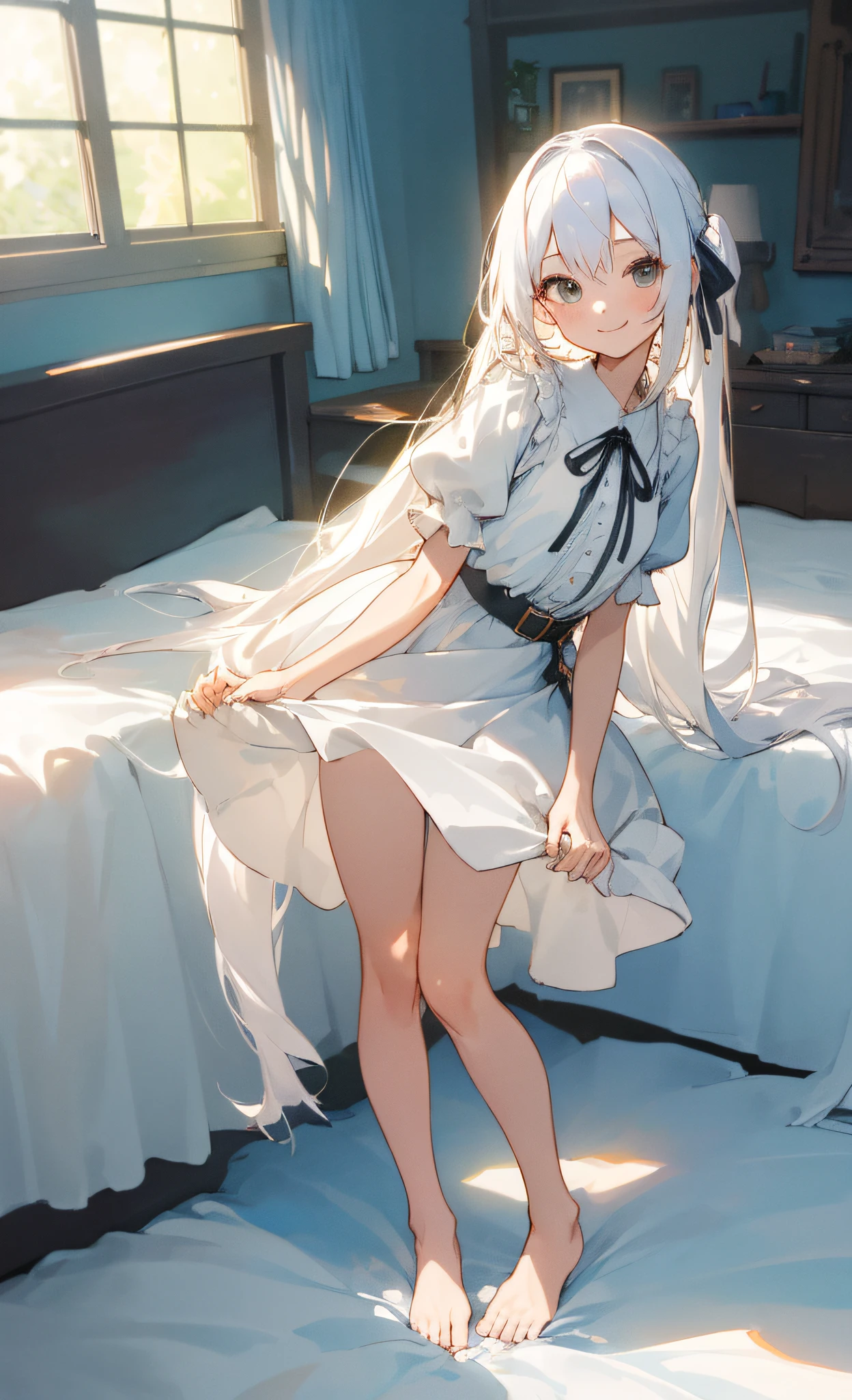 ((masterpiece,best quality)),1girl, solo, barefoot, knees up, dress, short sleeves, looking at viewer, bedroom,very long hair, smile,standing ,white hair, puffy sleeves,  puffy short sleeves, full body, white dress, sunlight, dappled sunlight day, leg belt,narrow waist, slim legs,ribbon