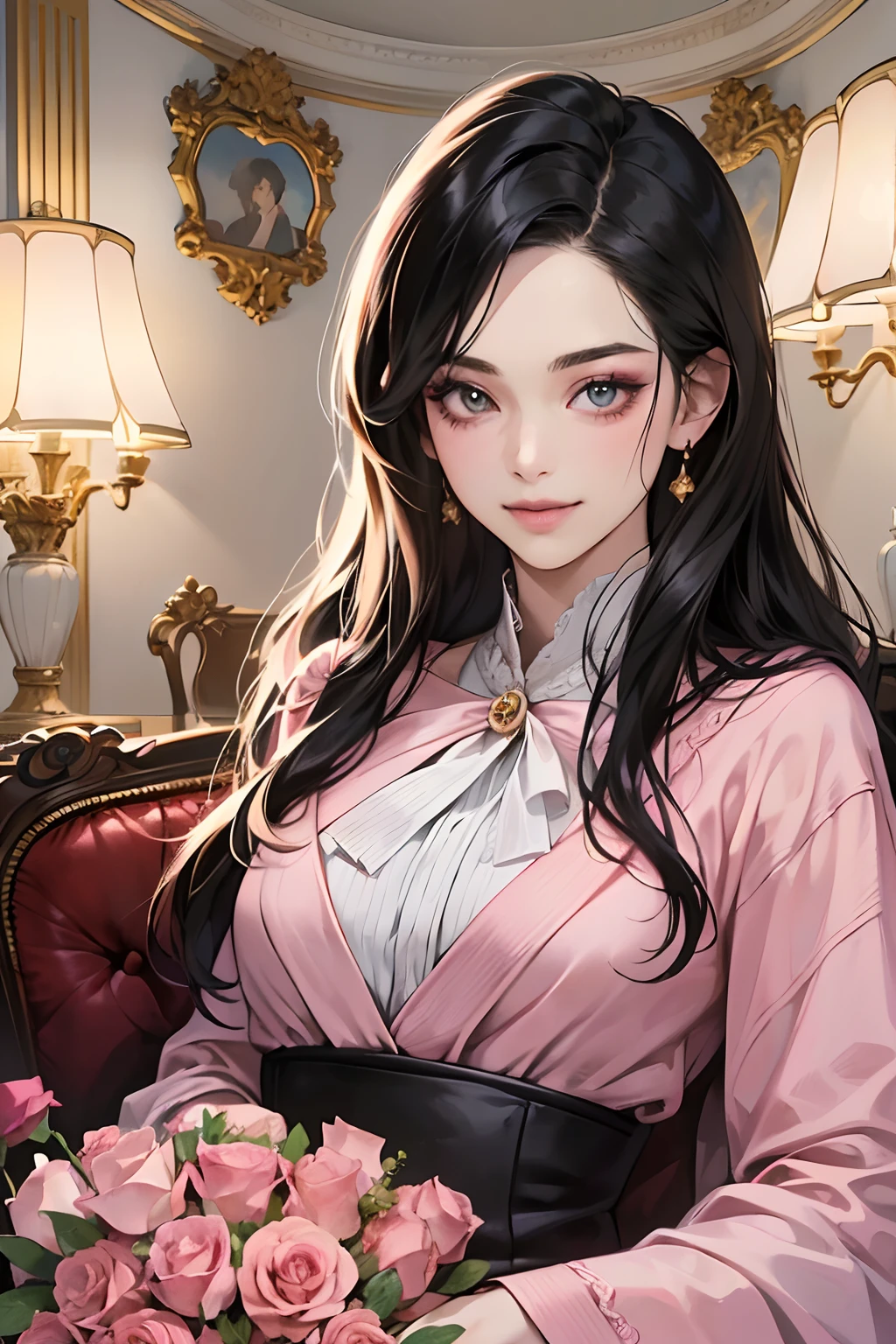 (masutepiece, Digital Art, Digital Illustration, 4K, 8K, Ultra-detailed, beautiful image, Sharp Image, Photorealistic, Raw photo, Perfect face, Perfect lines, Perfect eyes, Soft lighting) 1 woman, (Long Black Hair,straight haired,Bullish gaze,Beautie,ellegance,mannish,Wearing a bathrobe,Solid makeup,23 y-o woman,small tits:1.3),Two handsome men in suits, (ember,Men in suits,well-muscled,Firm shoulder width,Adult male,Boyish hairstyle,English gentlemanly style,Man in his 30s with a cool expression,28-year-old man with bright smile:1.2),Antique furnishings,Antique Clamps,Antique chair,chandeliers,Crystal Glass,Luxury,fantastical light,Marble fireplace,(embarrassed from,Shy smile,Bouquet of pink roses:1.2),Antique sofa,Leather sofa,