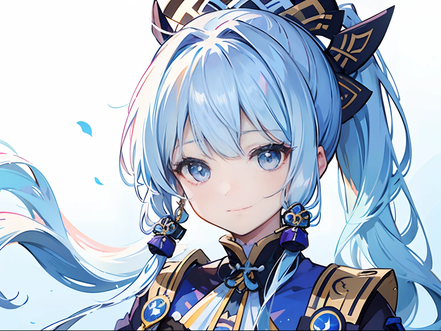 (masterpiece), (best quality), (ultra detailed),(disheveled hair),(illustration), (1girl), standing, smiling, beautiful detailed eyes, light blue eyes, detailed beautiful face, (kamisato ayaka: 1.2), focus on face, ponytail, kamisato ayaka(genshin impact), light blue hair, detailed hair, bangs, best lighting, best shadow, highly detailed, vibrant