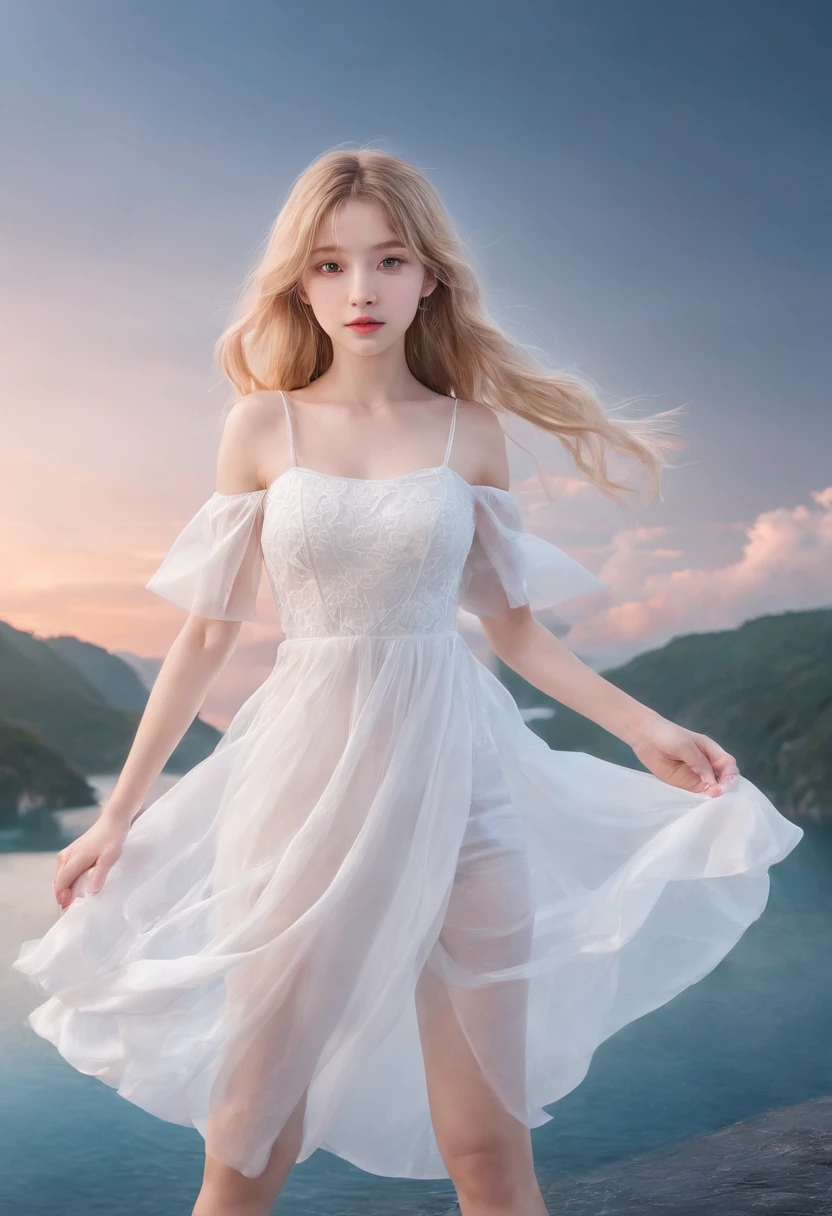Sea, Rocks, High fashion, Albino model, Portrait, High fashion, Long hair, Clear facial features, baroque, Lace, Editorial photography style for ethereal sculptures, All-over lace and pearl and sea foam shell dress, diffused, Pearls and shells are scattered all over the place, No makeup, high res photograph, Acidic and luminous color, The glare of the sun