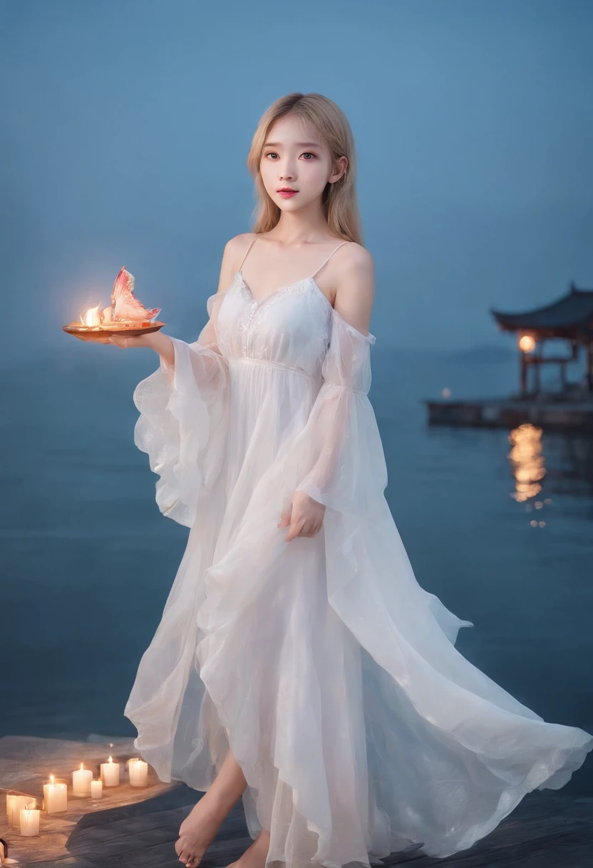 guchen,dreamy,1girl,solo,blonde hair,barefoot,white dress,water,night,sky,long hair,standing,bangs,bare shoulders,red eyes,night sky,