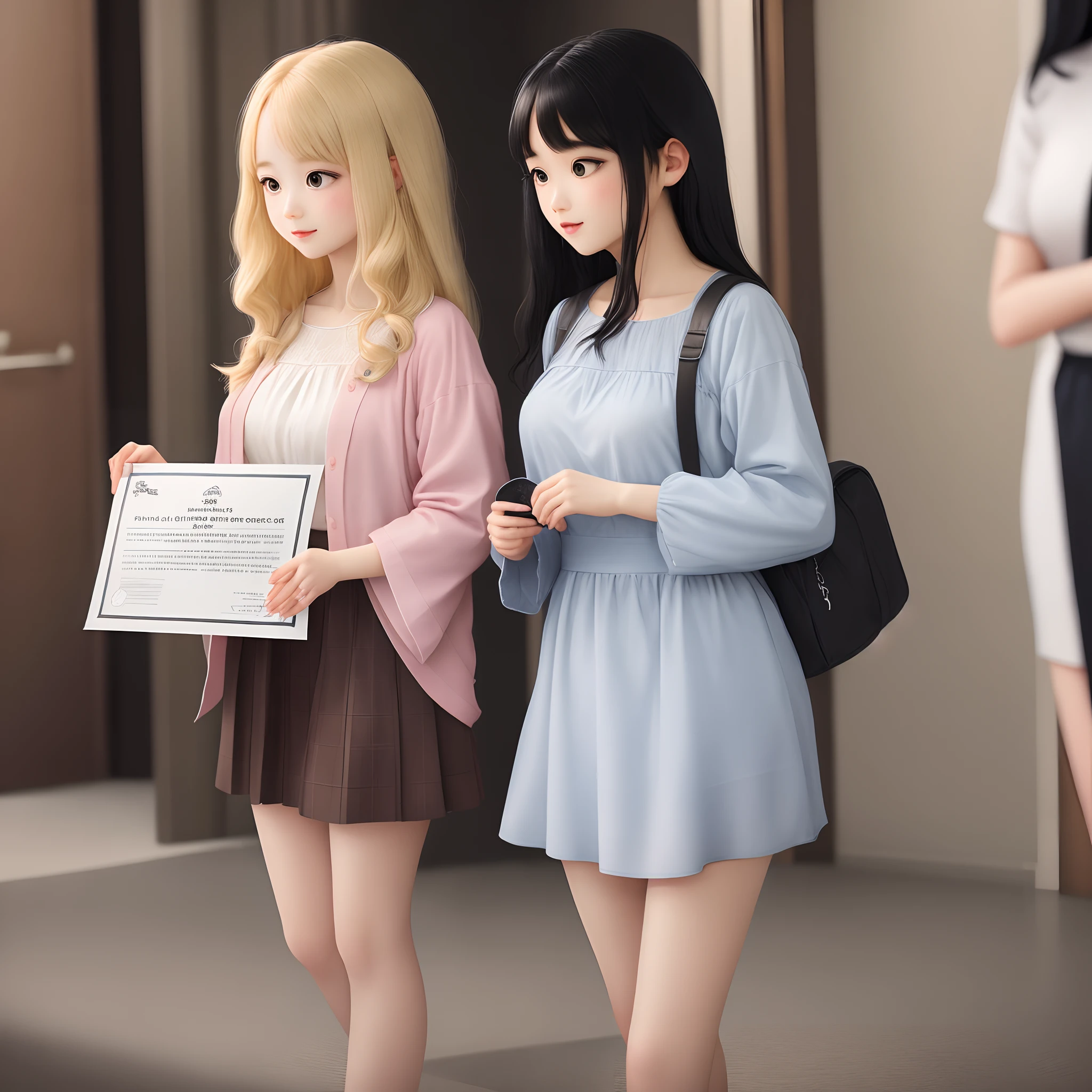 two girls one black hair one blonde hair standing together holding a certificate