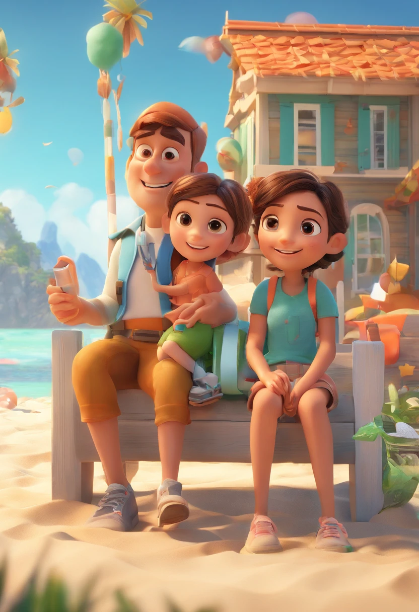 Pixar poster, a couple on the beach, the girl is sitting on the boy's shoulders, the girl is wearing a white shirt and blue jeans with open arms, straight hair, the boy is wearing a gray T-shirt, orange jacket, green shorts and sneakers, the two are smiling, at the seaside Beach, there are houses on the other side， 3D animations，Pixar， (best quality)(8k)