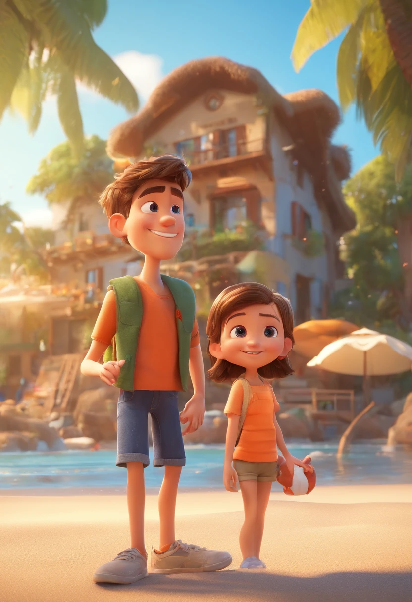 Pixar poster, a couple on the beach, the girl is sitting on the boy's shoulders, the girl is wearing a white shirt and blue jeans with open arms, straight hair, the boy is wearing a gray T-shirt, orange jacket, green shorts and sneakers, the two are smiling, at the seaside Beach, there are houses on the other side， 3D animations，Pixar， (best quality)(8k)