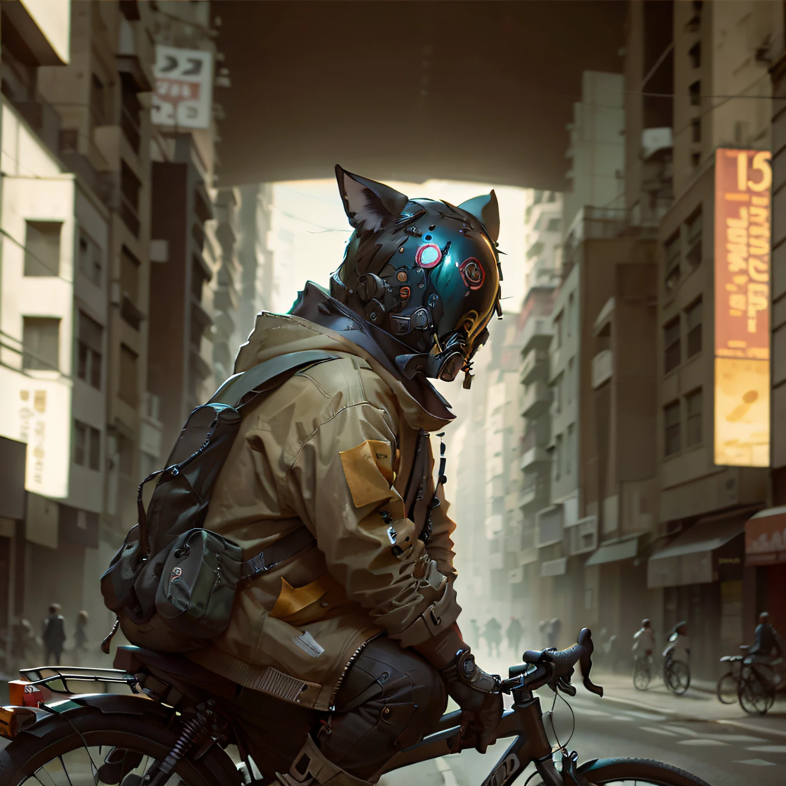 foto de una persona con mascara de gato vajando por un calle de la ciudad en bicicleta , Full Poster: Humanoid Character Design, Otomo, por Tomasz Jedruszek, by Santiago Martínez Delgado, Science Poster
