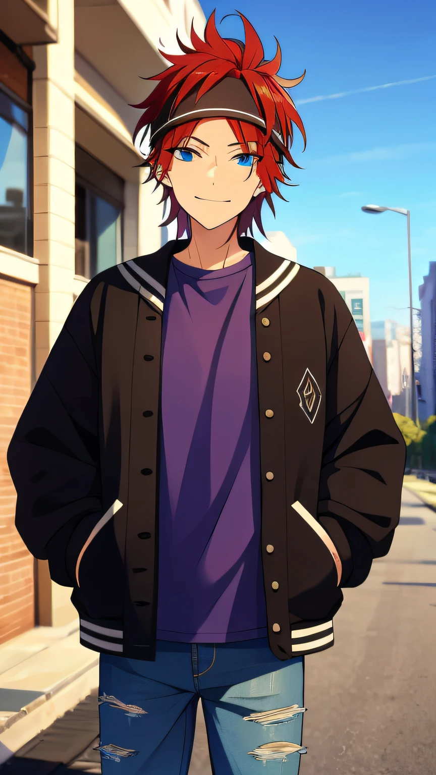 (masterpiece, best quality, absurdres), rinne, Rinne, headband, red hair, short mullet, defined face, blue eyes, solo, smile, black jacket, purple shirt, torn jeans, hands in pockets, outdoors, cowboy shot,