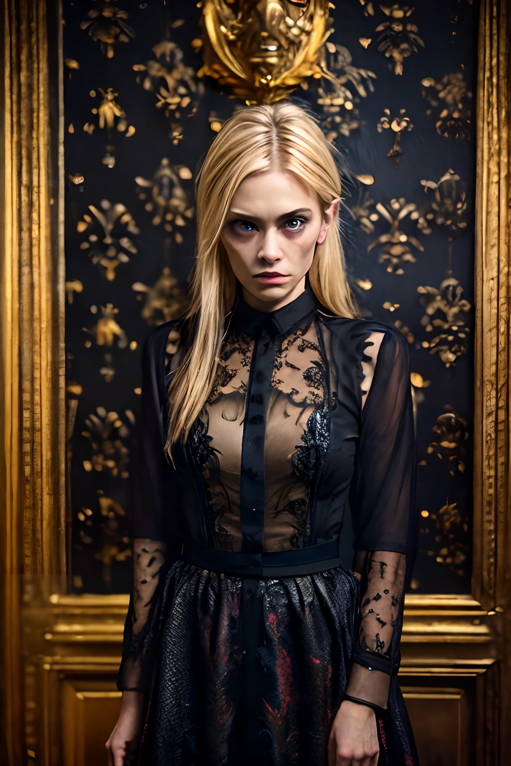 (((monstrous))), (((very ugly))), (extremely detailed 8k wallpaper), Dark Theme, Modern Horror, (normal eyes), uses (party clothes), fine focus, (subsurface dispersion:1.1), (blonde hair), (skinny young-aged woman), expression ((angry)), centered face, award-winning photography, dramatic lighting, in a mansion.