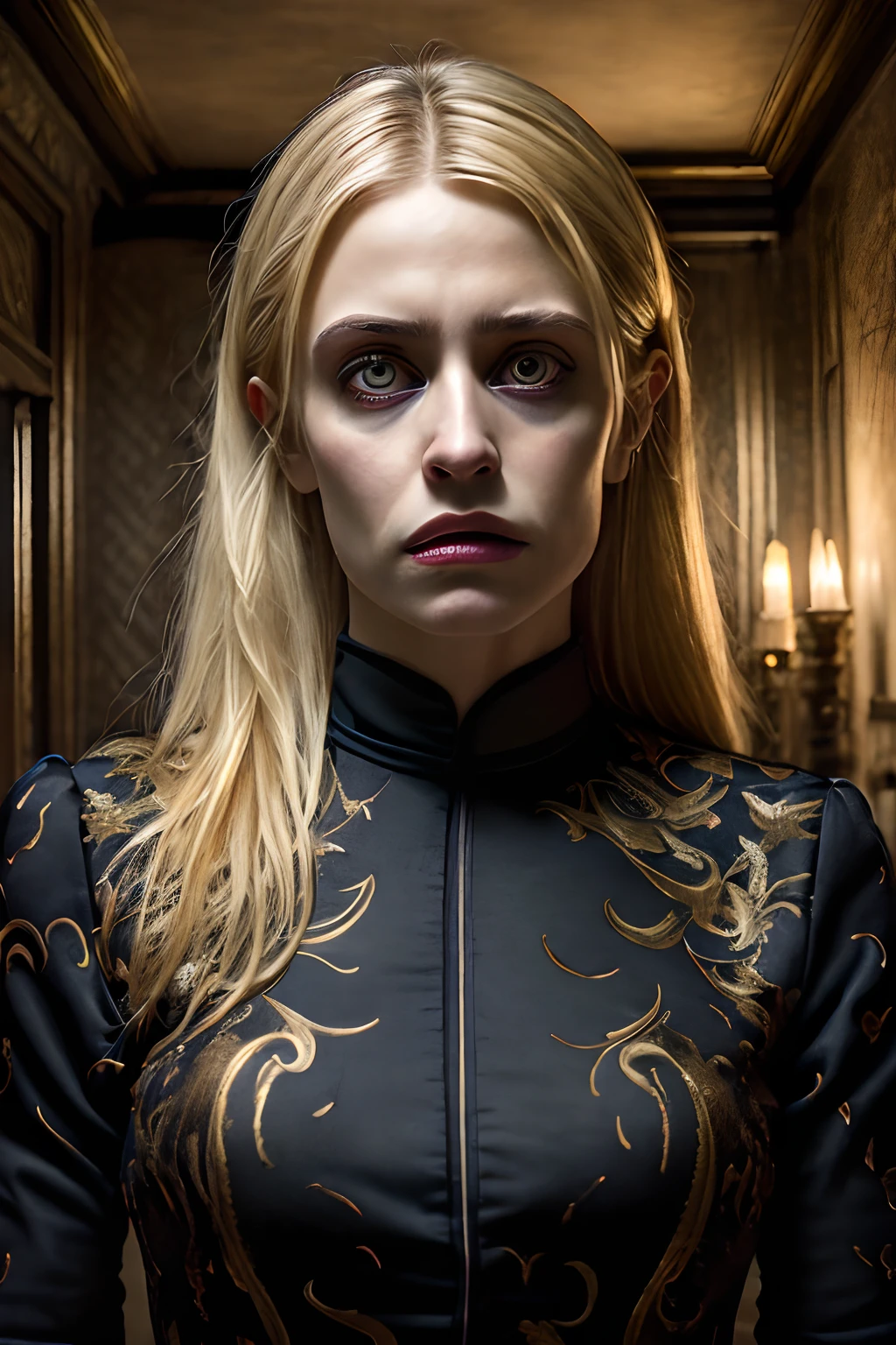 (((monstrous))), (((very ugly))), (extremely detailed 8k wallpaper), Dark Theme, Modern Horror, (normal eyes), uses (party clothes), fine focus, (subsurface dispersion:1.1), (blonde hair), (skinny young-aged woman), expression ((angry)), centered face, award-winning photography, dramatic lighting, in a mansion.