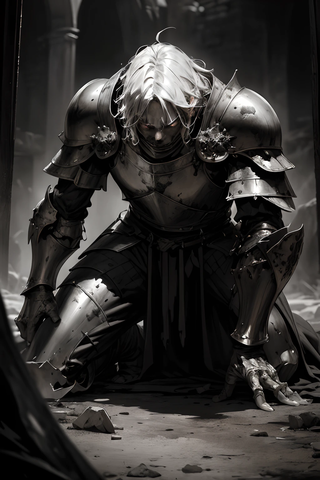 knight collapsed on his knees defeated,armor,shining silver armor,broken sword,bloodied,bruised,defeated expression,dark and dramatic lighting,heroic,medieval,moody atmosphere,epic battle,epic,dramatic,highly detailed,portrait-like,realistic,emotional,black and white,contrasting shadows,vivid eyes