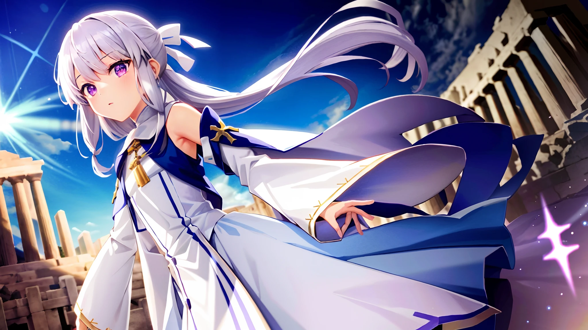 Cute very girl Illyasviel from fate has long silvery-white hair,pink eyes,wearing white robe and long skirt,beads on neck,greek Acropolis in background,very littleloli,kawaii,anime style,Lumen Reflections,Screen Space Reflections,Diffraction Grading,Chromatic Aberration,GB Displacement,Scan Lines,Ray Traced,Anti-Aliasing,FXAA,TXAA,RTX,SSAO,Shaders,OpenGL-Shaders, GLSL-Shaders,Post Processing,Post-Production,cell Shading,Tone Mapping,CGI,VFX,SFX,insanely detailed and intricate,4K,((masterpiece:1.4, best quality))