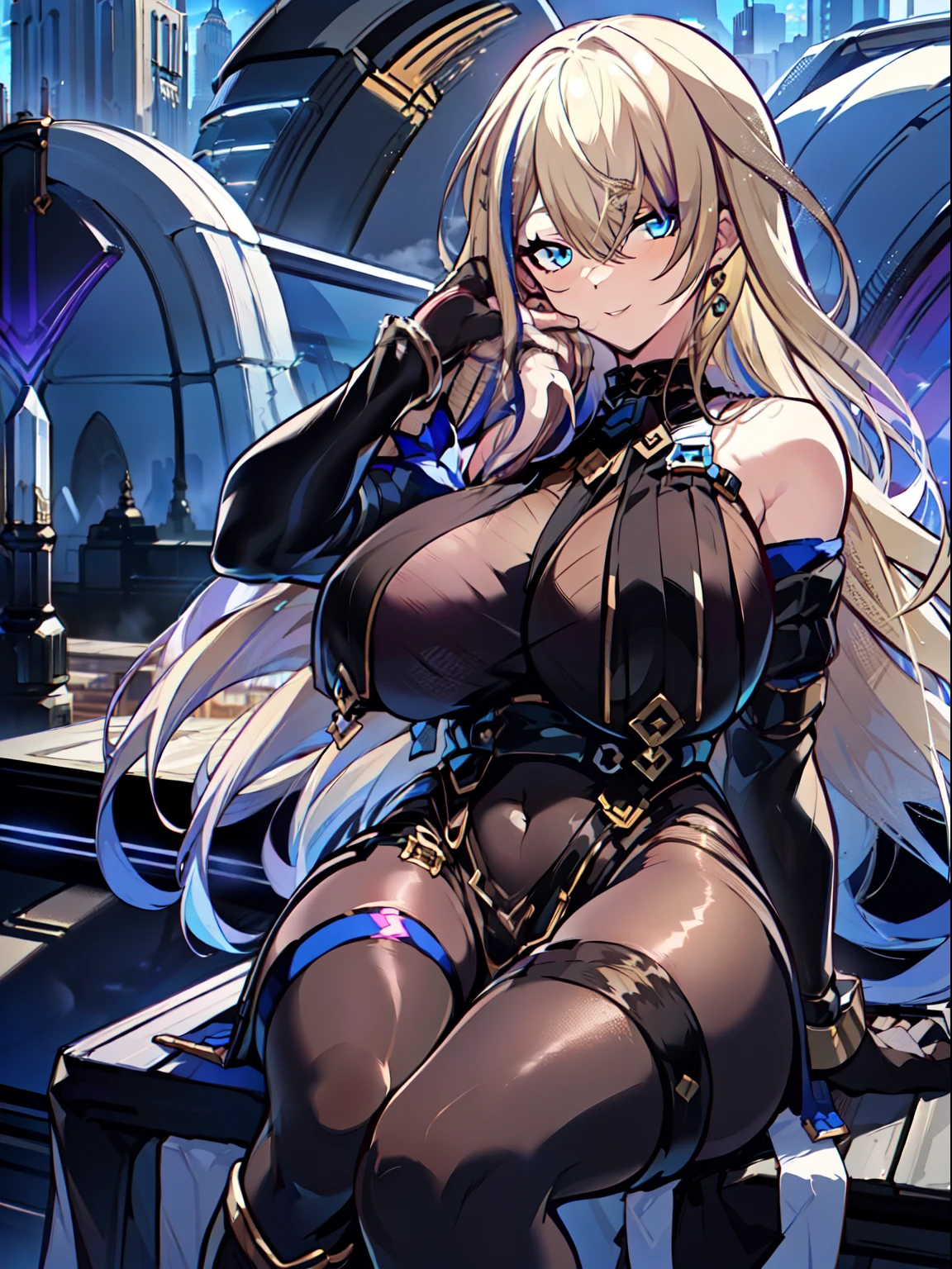 masterpiece, best quality, extremely detailed, anime art style, 1girl, mature femlae, solo, serval landau, ((huge breasts)), ((blonde hair, streaked hair, multicolored hair, long hair, blue eyes)), parted lips, (((curtains, bodystocking, black gloves))), light smile, (closed mouth), ((sitting on the rooftop, futuristic cityscape))