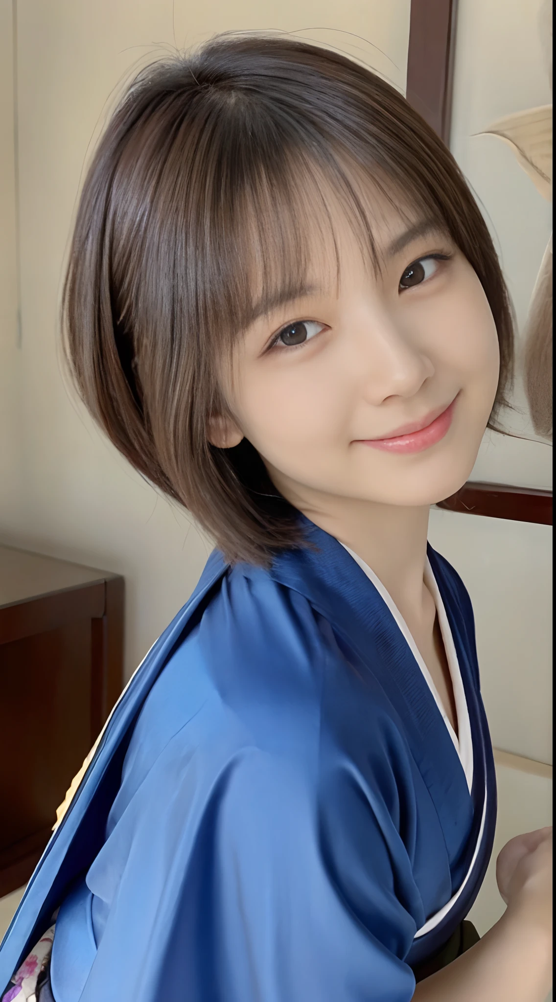 (of the highest quality, 16 K, masutepiece: 1.3)), 1 girl, Sharp Focus: 1.2, Beautiful Women in Perfect Figure: 1.4, Slender Abs: 1.2, (((Short bob hair)), ((Small: 1.4)), ((Beautiful Face Idol: 1.3)), (Transparent fabric kimono 1.5)), Highly detailed face and skin texture, Detailed eyes, Double eyelids, (((Pause)), (Seductive)), low angles, fullbody image，from the front side，Smiling face，