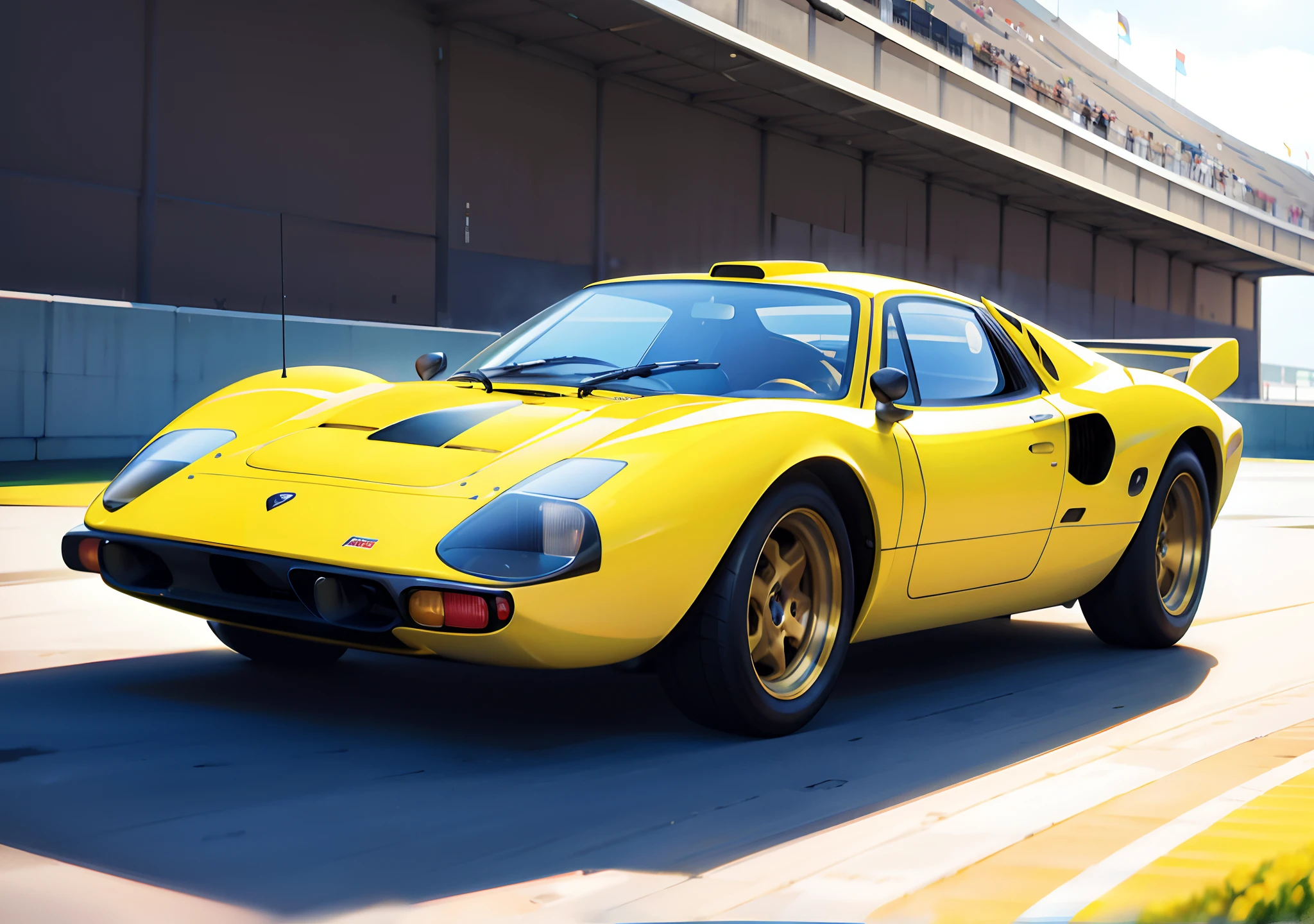 Yellow sports car driving on a track in a stadium, estilo Miura kentaro, Miura, GT40, octano render", GT40 e Countach, octano render ", Contagem, pantera ((Contagem)), De Tomaso |, octan render ] ", Ghibli. octan render, insanely detailed octane render, highly detailed octane render, Super renderizado em octano render
