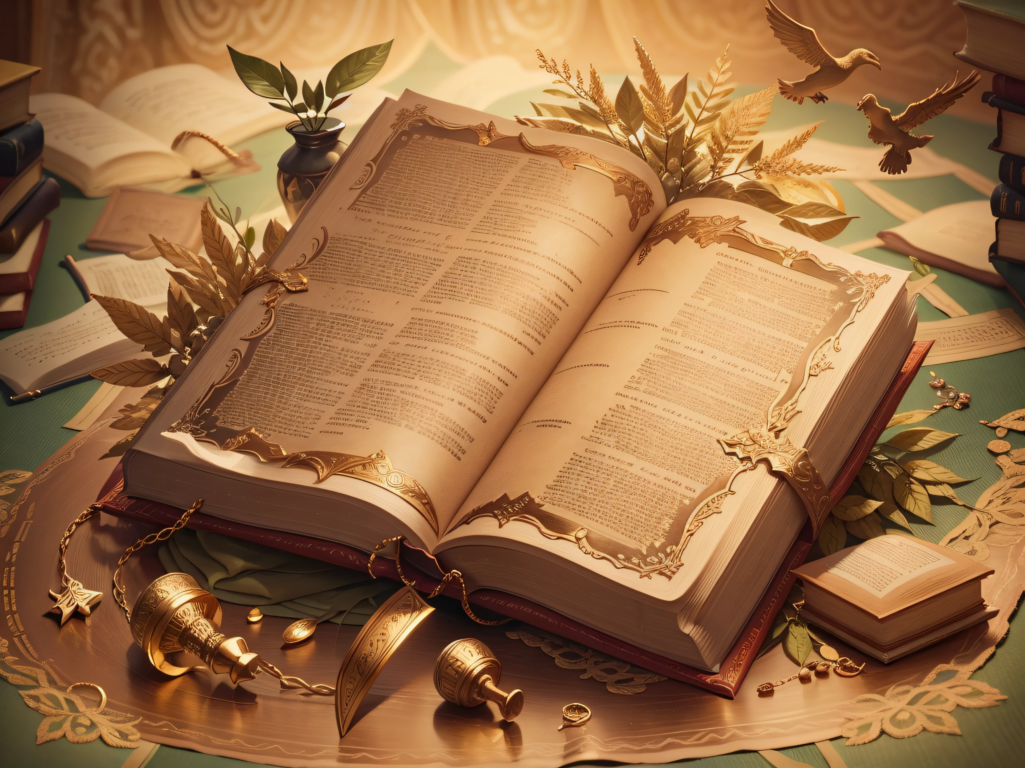 depiction: Create an illustrative image for your YouTube cover photo, Highlight the open Bible, Displays important paragraphs. Add symbolic elements of biblical stories around the Bible. Use a soft gold color to convey a serene atmosphere. Add artistic details, Reference to the style of ancient scriptures. The goal is to emphasize the importance of the Bible as a spiritual guide and a source of wisdom and inspiration.