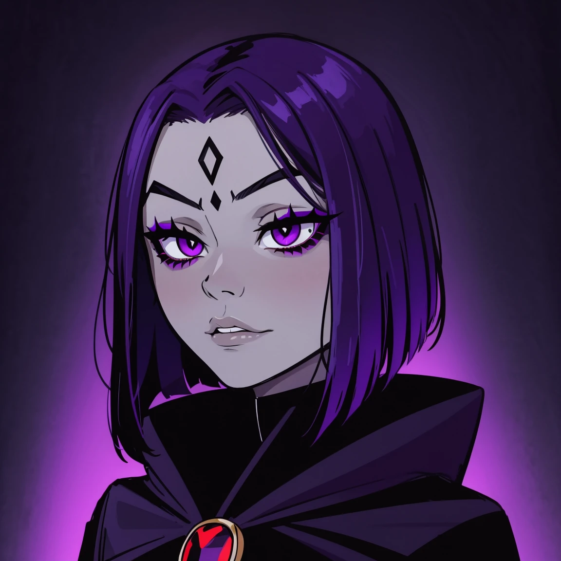 Raven, teen titans, hooded, goth girl, autumn forest background, detailed, detailed, detailed, beautiful, detail, goth girl, masterpiece, purple clothes, red jewel centre head, dark night background, gothic, goth, goth, detailed, goth girl, piercings, detailed face, looking viewer, raven, (Dark eye shadow) dark eye shadow, black eye shadow,