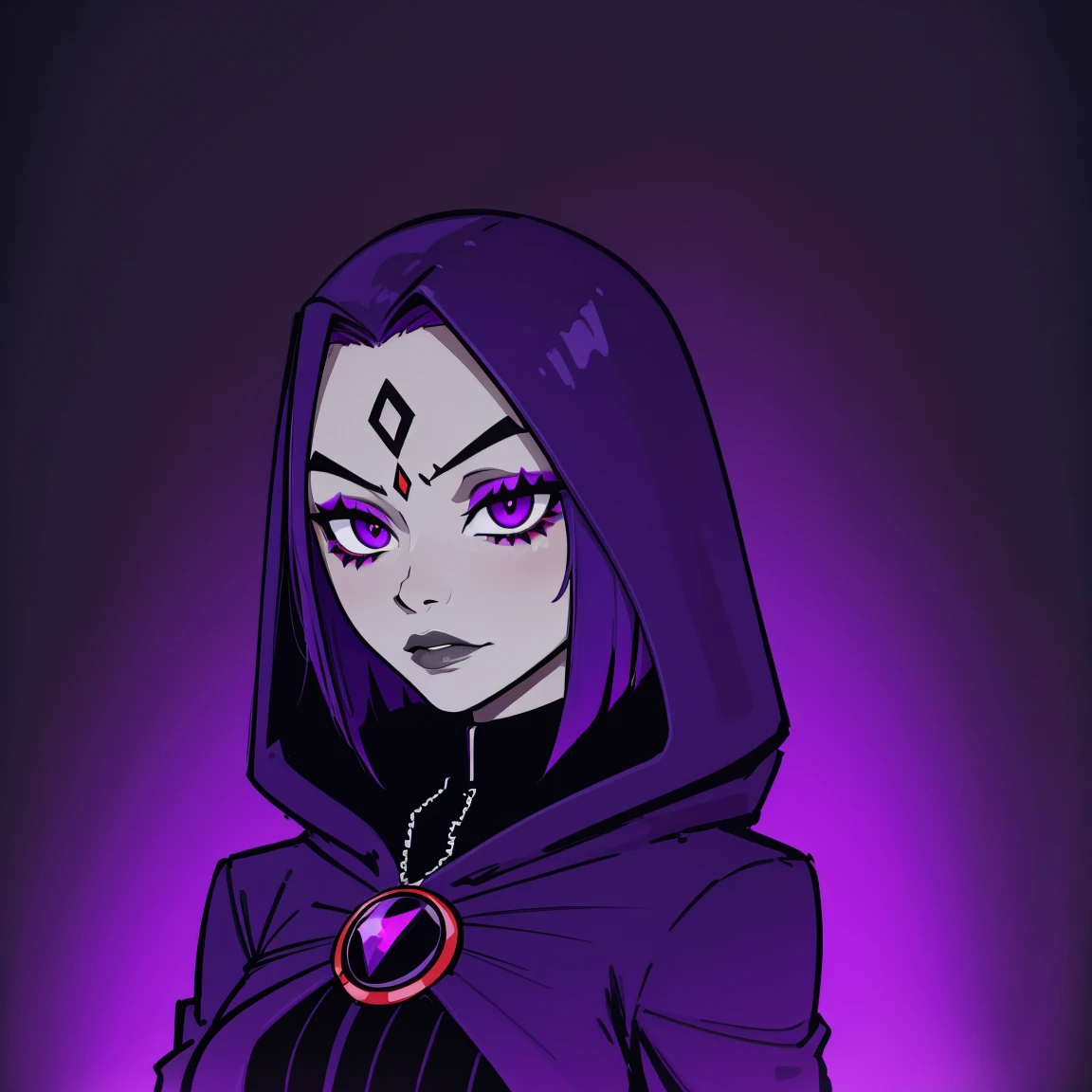 Raven,  titans, hooded, goth girl, autumn forest background, detailed, detailed, detailed, beautiful, detail, goth girl, masterpiece, purple clothes, red jewel centre head, dark night background, gothic, goth, goth, detailed, goth girl, piercings, detailed face, looking viewer, raven, (Dark eye shadow) dark eye shadow, black eye shadow,