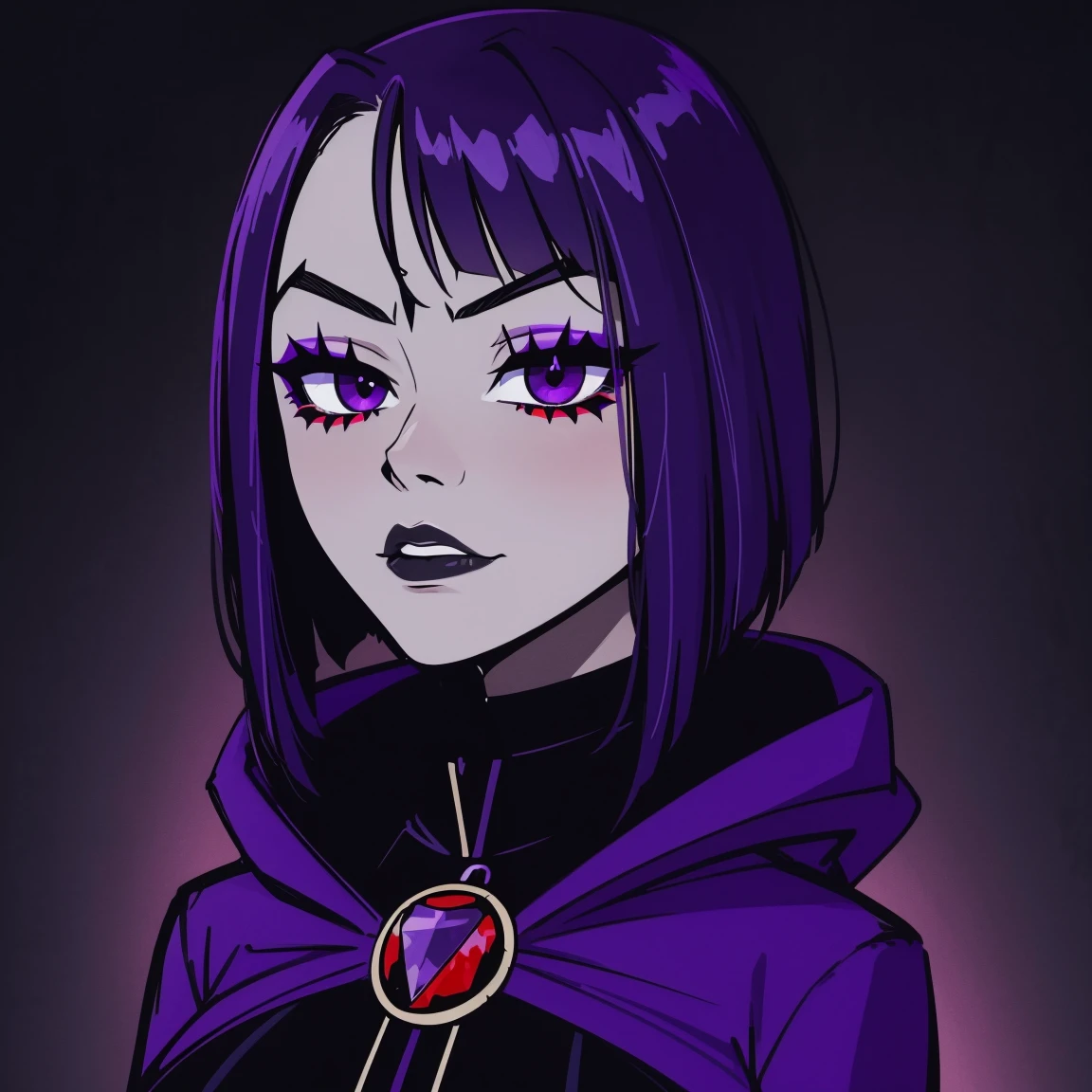 Raven, teen titans, hooded, goth girl, autumn forest background, detailed, detailed, detailed, beautiful, detail, goth girl, masterpiece, purple clothes, red jewel centre head, dark night background, gothic, goth, goth, detailed, goth girl, piercings, detailed face, looking viewer, raven, (Dark eye shadow) dark eye shadow, black eye shadow,