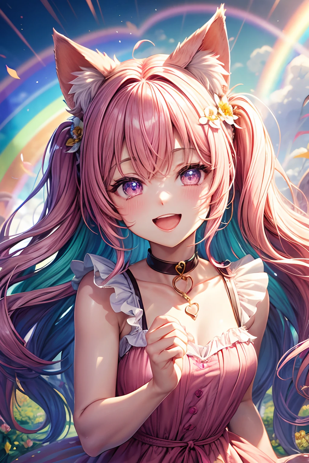 of the highest quality, High resolution, Perfect human body structure, Background Focus, Front view, rainbow hair, Shiny hair, Cat ears, Flower garden in the background, Fun, Jumping, Heart shaped pupils , Wavy Hair, Shiny hair, Laughing happily, Pink dress, Beautiful,