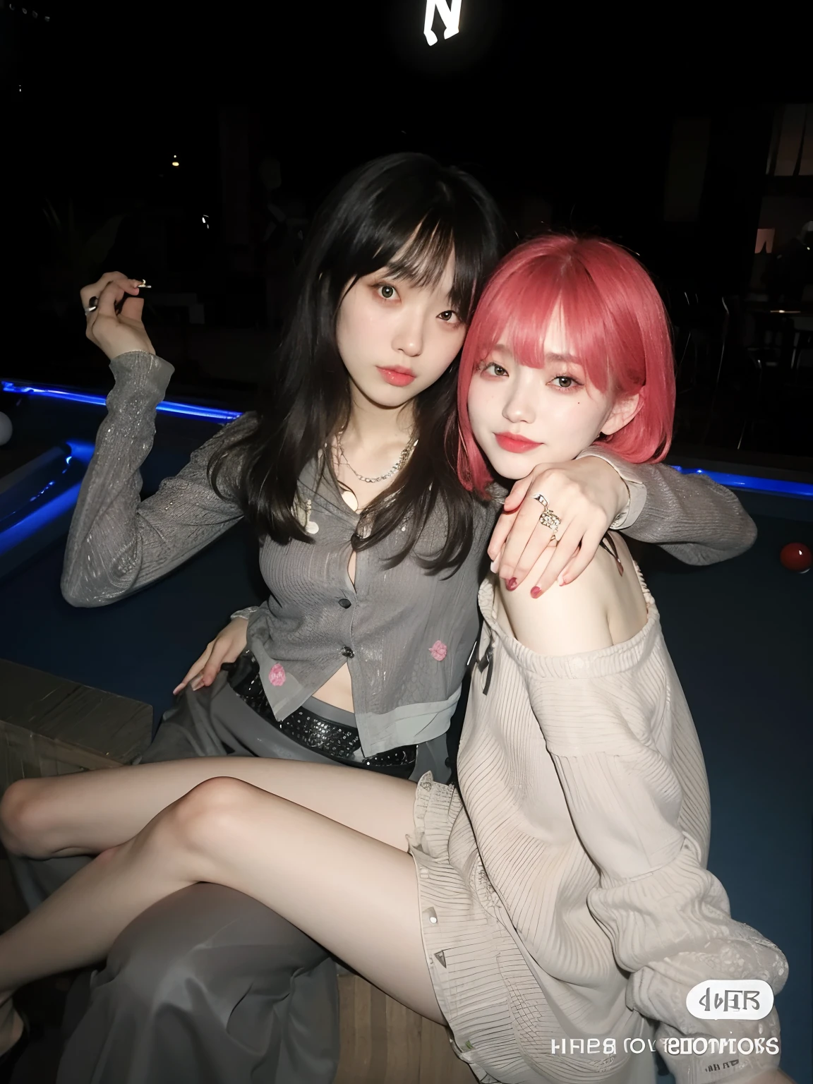 two women sitting on a pool table with a cigarette in their hand, ayami kojima and lyde caldwell, yoshitomo nara and aya takano, nixeu and sakimichan, the hime cut, ulzzang, with black, pale fair skin!!, pixivs and junji ito, ecchi style