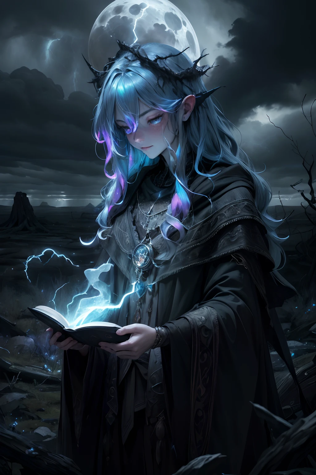 (best quality,4k,8k,highres,masterpiece:1.2),ultra-detailed,(realistic,photorealistic,photo-realistic:1.37),dark,atmospheric,chaos witch,midnight garden,ethereal beauty,enchanting,spellbinding,mysterious,eyes flickering with magic,flowing robes,levitating,casting intricate spells,tangled vines,glowing crystals,moonlit shadows,dark energy swirling,ominous storm approaching,darkness engulfing the landscape,haunting presence,intricate tattoos ,witchcraft symbols,charmed amulets,crackling energy,thunder and lightning,moonlight piercing through the clouds,mystical creatures emerging,whispers of ancient magic,endless abyss of knowledge,powerful incantations,cauldron brewing,otherworldly coven,symbols of the elements,iridescent aura,whispering spirits,summoning the forces of nature,dark forest,moonlit alter,storms of chaos rumbling,spellbook filled with forbidden knowledge,unleashing untamed magic.