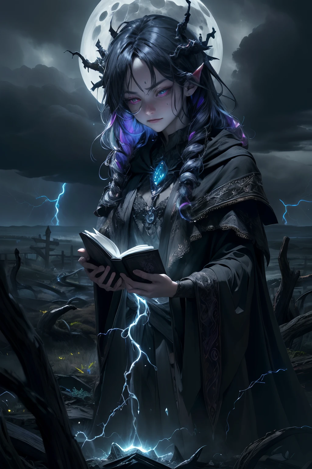 (best quality,4k,8k,highres,masterpiece:1.2),ultra-detailed,(realistic,photorealistic,photo-realistic:1.37),dark,atmospheric,chaos witch,midnight garden,ethereal beauty,enchanting,spellbinding,mysterious,eyes flickering with magic,flowing robes,levitating,casting intricate spells,tangled vines,glowing crystals,moonlit shadows,dark energy swirling,ominous storm approaching,darkness engulfing the landscape,haunting presence,intricate tattoos ,witchcraft symbols,charmed amulets,crackling energy,thunder and lightning,moonlight piercing through the clouds,mystical creatures emerging,whispers of ancient magic,endless abyss of knowledge,powerful incantations,cauldron brewing,otherworldly coven,symbols of the elements,iridescent aura,whispering spirits,summoning the forces of nature,dark forest,moonlit alter,storms of chaos rumbling,spellbook filled with forbidden knowledge,unleashing untamed magic.