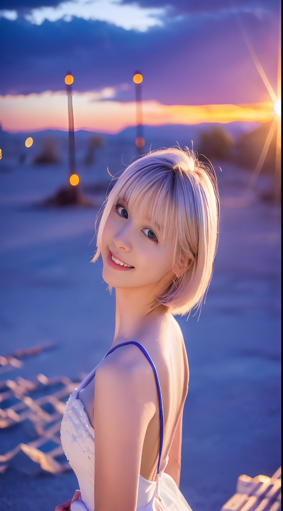 1girl in, masutepiece, ighly detailed, (Beautiful detailed glow), Lens Flare, White hair, Short hair, Floating hair, Looking back, Back, Smile, Blue eyes, White Dress, medium breasts, Upper body, Wide Shot,  ((Salar de Uyuni)), Sunrise, Backlighting, Purple Sky, Yellow Sky, Gradient sky,