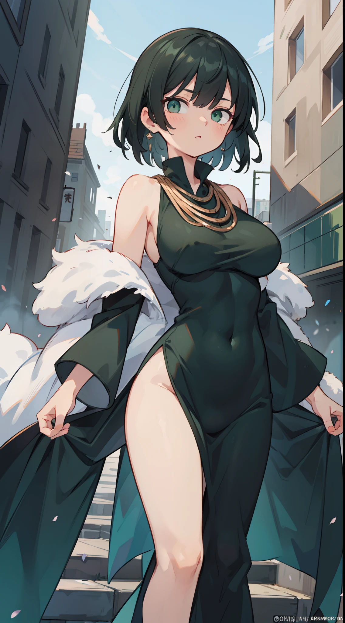 (masterpiece:1.2, best quality:1.2, beautiful, high quality, highres:1.1, aesthetic), detailed, extremely detailed, ambient soft lighting, 4K, perfect eyes, perfect face, perfect lighting, 1girl, bangs, black dress, black hair, breasts, covered navel, dress, fubuki \(one-punch man\), fur coat, green eyes, jewelry, large breasts, lips, looking at viewer, necklace, pearl necklace, short hair, simple background, solo, sweater, thighs, turtleneck, turtleneck dress