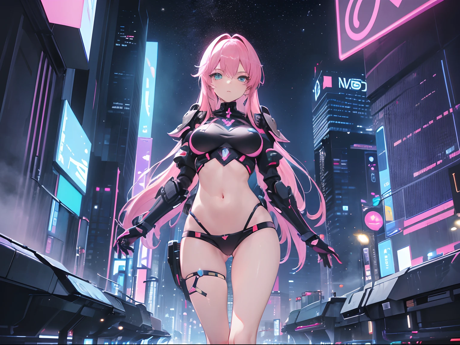 ((Masterpiece, Highest quality)), Detailed face, Beautiful face, full bodyesbian, Full of details, Highly detailed, Depth, Beautiful girl with pink hair,with hair dishevelled,long pink hair,Sick,White pupils,The legs are very thin,The legs are long, blue eyelashes, masterpiece, 1girl ((20year old, futuristic mech armor exposes navel, medium breasts, flirting, looking towards camera, standing in the middle of a sci-fi futuristic urban street, neon lights and towering skyscrapers, futuristic and energetic atmosphere), ((nighttime)) ((low camera angle, ground view)) Tall and tall,Thin, 8k, ultrarealistik, oficial art,