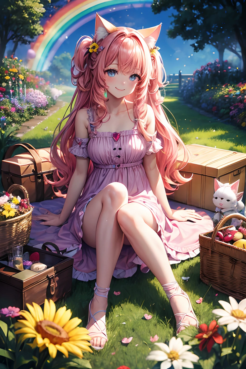 Top quality, high resolution, perfect human body structure, background focus, front view, rainbow hair, glowing hair, cat ears, flower garden for background, sitting, stuffed cat, picnic, fun, jumping, heart shaped pupils , wavy hair, shiny hair, smiling, pink dress, Beautiful,