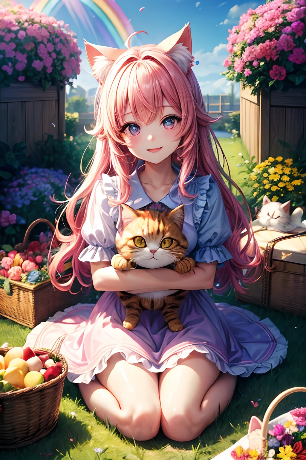 Top quality, high resolution, perfect human body structure, background focus, front view, rainbow hair, glowing hair, cat ears, flower garden for background, sitting, stuffed cat, picnic, fun, jumping, heart shaped pupils , wavy hair, shiny hair, smiling, pink dress, Beautiful,