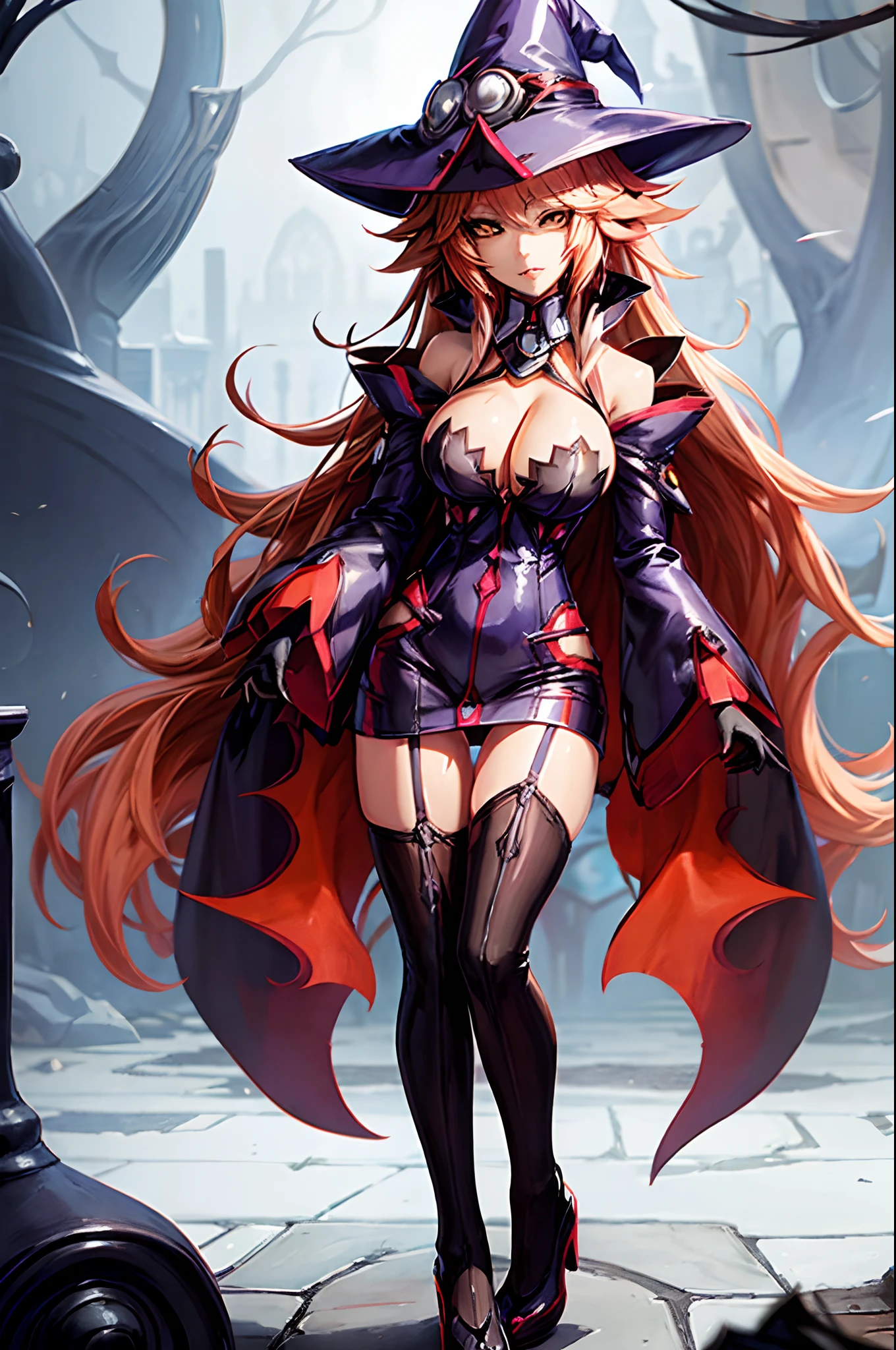Nine the Phantom / Konoe Ayatsuki Mercury (BlazBlue), hat, witch hat, large breasts, gloves, cleavage, detached sleeves, bare shoulders, cape, thigh-highs, black legwear, witch, fire.