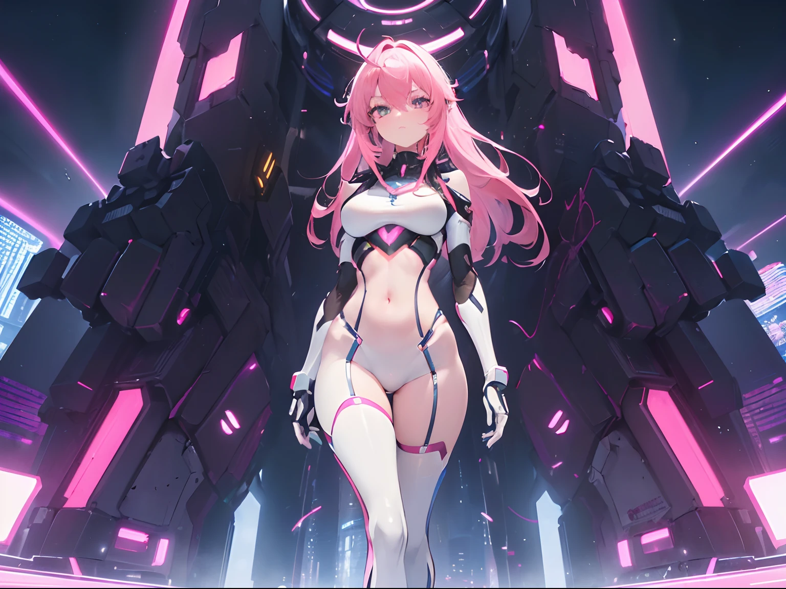 ((Masterpiece, Highest quality)), Detailed face, Beautiful face, full bodyesbian, Full of details, Highly detailed, Depth, Beautiful girl with pink hair,with hair dishevelled,long pink hair,Sick,White pupils,The legs are very thin,The legs are long, blue eyelashes, masterpiece, 1girl ((20year old, futuristic mech armor exposes navel, medium breasts, flirting, looking towards camera, standing in the middle of a sci-fi futuristic urban street, neon lights and towering skyscrapers, futuristic and energetic atmosphere), ((nighttime)) ((low camera angle, ground view)) Tall and tall,Thin, 8k, ultrarealistik, oficial art,