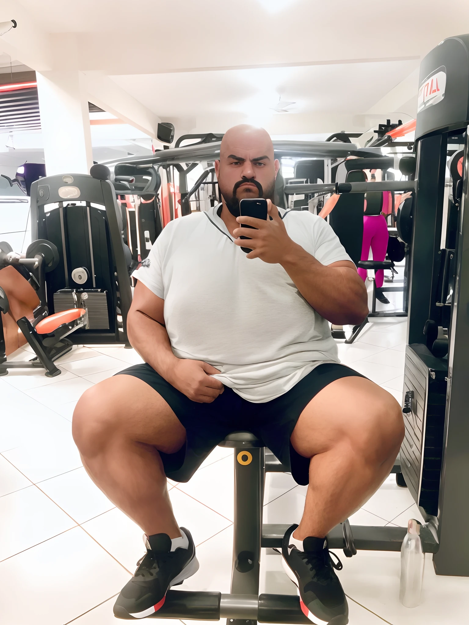 There's a man sitting on a bench in a gym, em uma academia, heavy appearance, encorpado, He's strong, He's chubby, muscular, He's bald with a mustache, barba a fazer, negro, encorpado, parrudo,  ele tem cerca de 28 anos de idade, ele tem cerca de 28 anos, coxas grandes, malhar