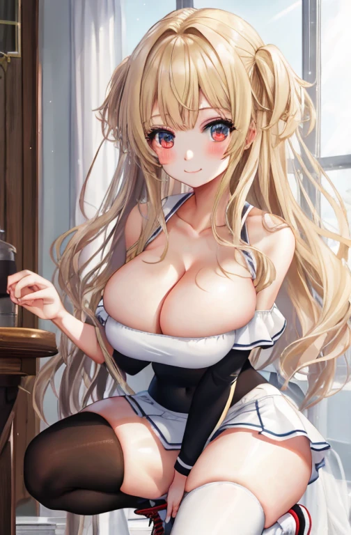 best quality, finely detailed, hot girl, blonde hair, red eyes, surprise, eyelashes, huge breasts: 3, huge thighs: 3, huge ass: 3, low view white open cleavage without belly, black skirt, long black stockings, all stars tennis shoes, standing, city, night, delicate interior design